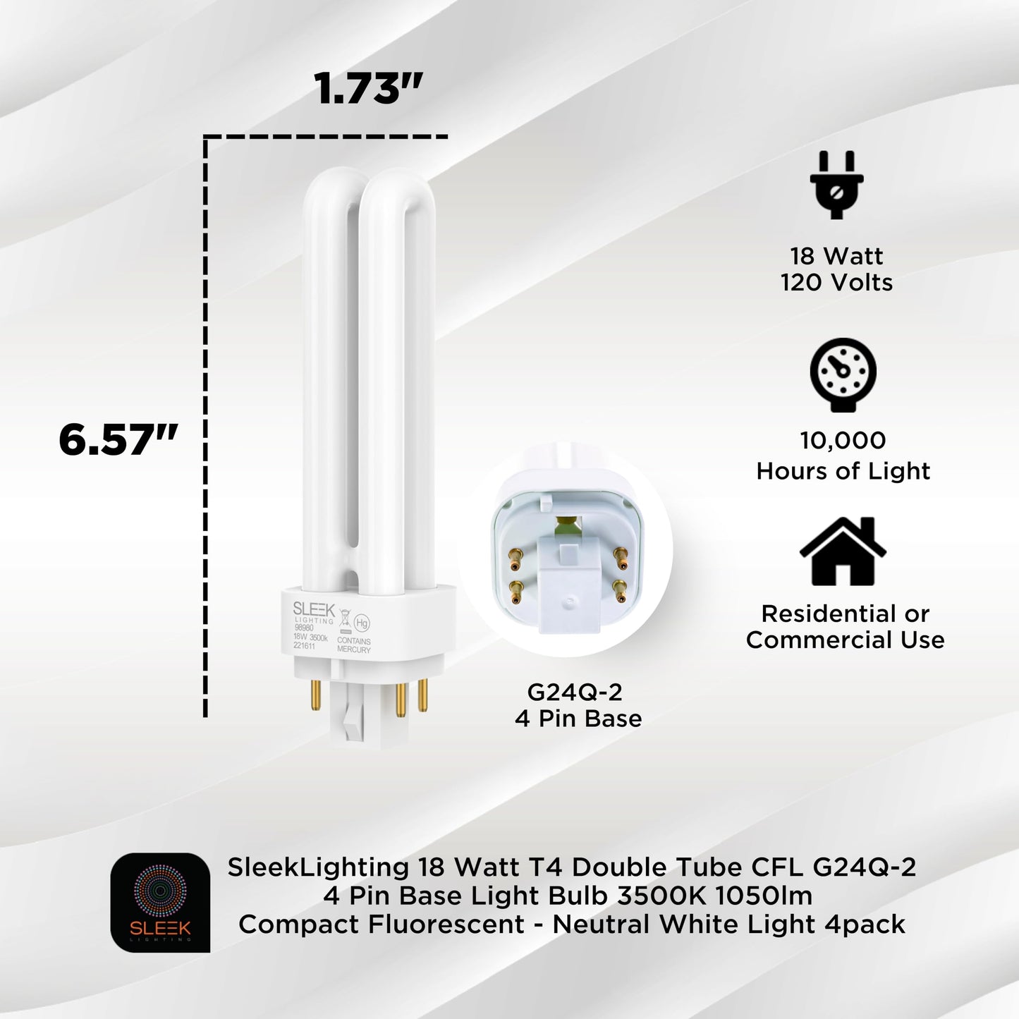 SLEEKLIGHTING 18 Watt T4 Double Tube CFL 4 Pin G24Q-2 Base Light Bulb 3500K 1050lm -Replaces PLC-18W 827 -Compact Fluorescent -Neutral White Light