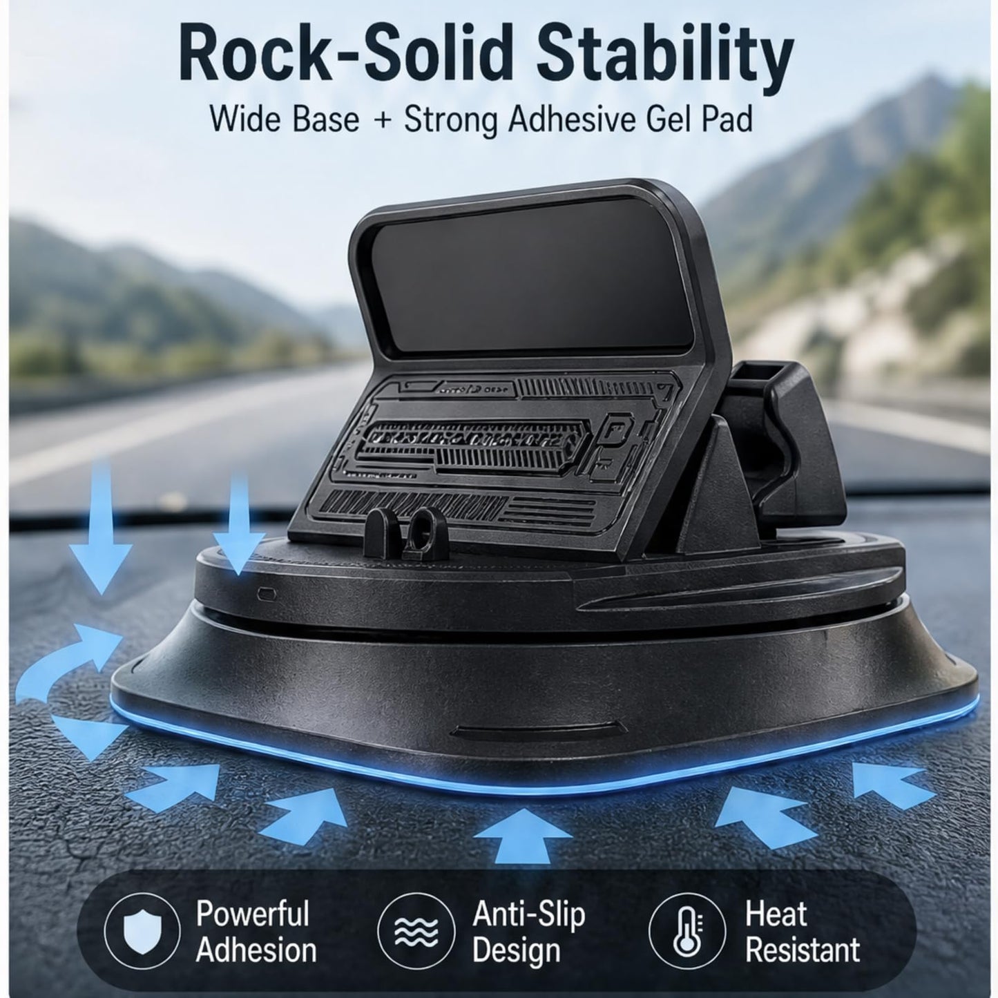 Longgue Dashboard Phone Holder with Adhesive Gel Pad, Anti-Slip Silicone Base & Spring Clip, 360° Rotation for Hands-Free Navigation, Compatible