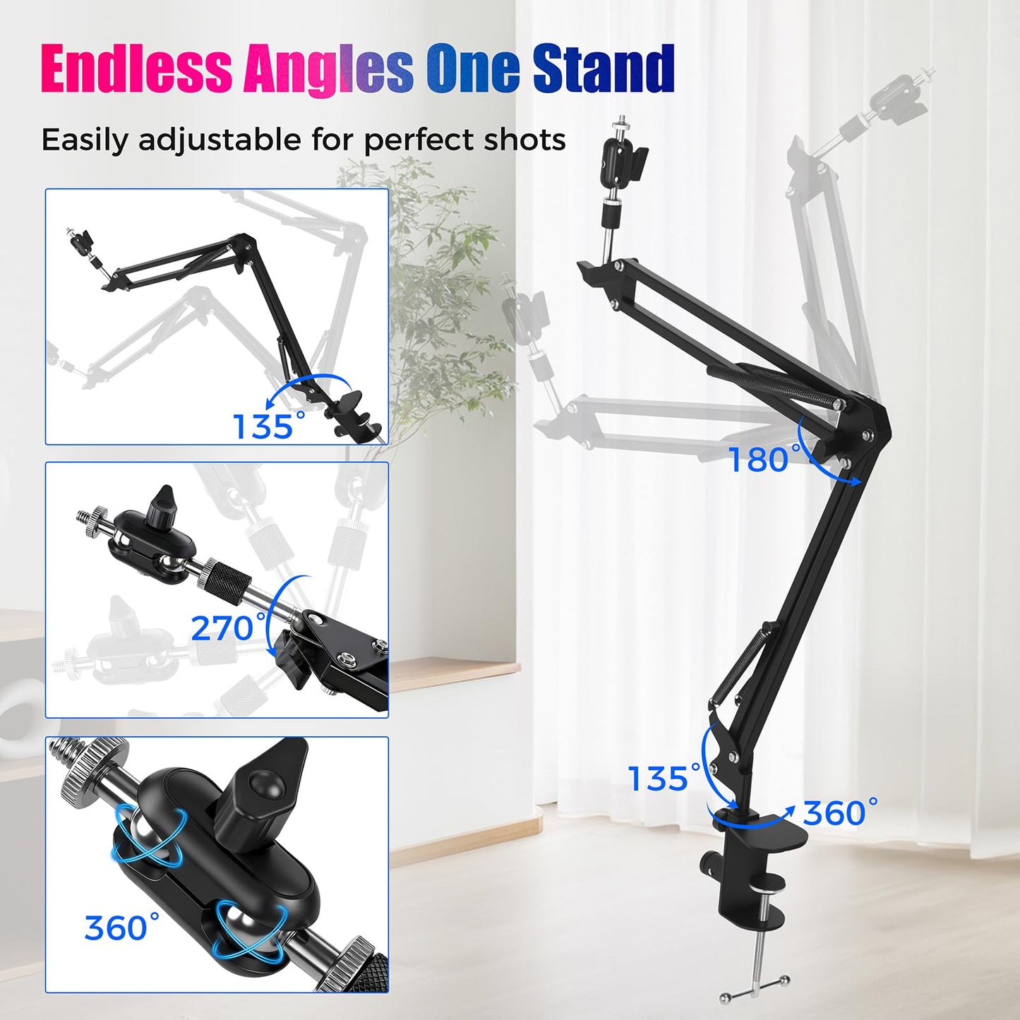 ellrkr 30" Magic Arm Holder w Clamp - Overhead Phone Mount for Desk, Smooth 360° 1/4" & 5/8" Thread Webcam Stand for Phone, Tablet, Webcam, Mic