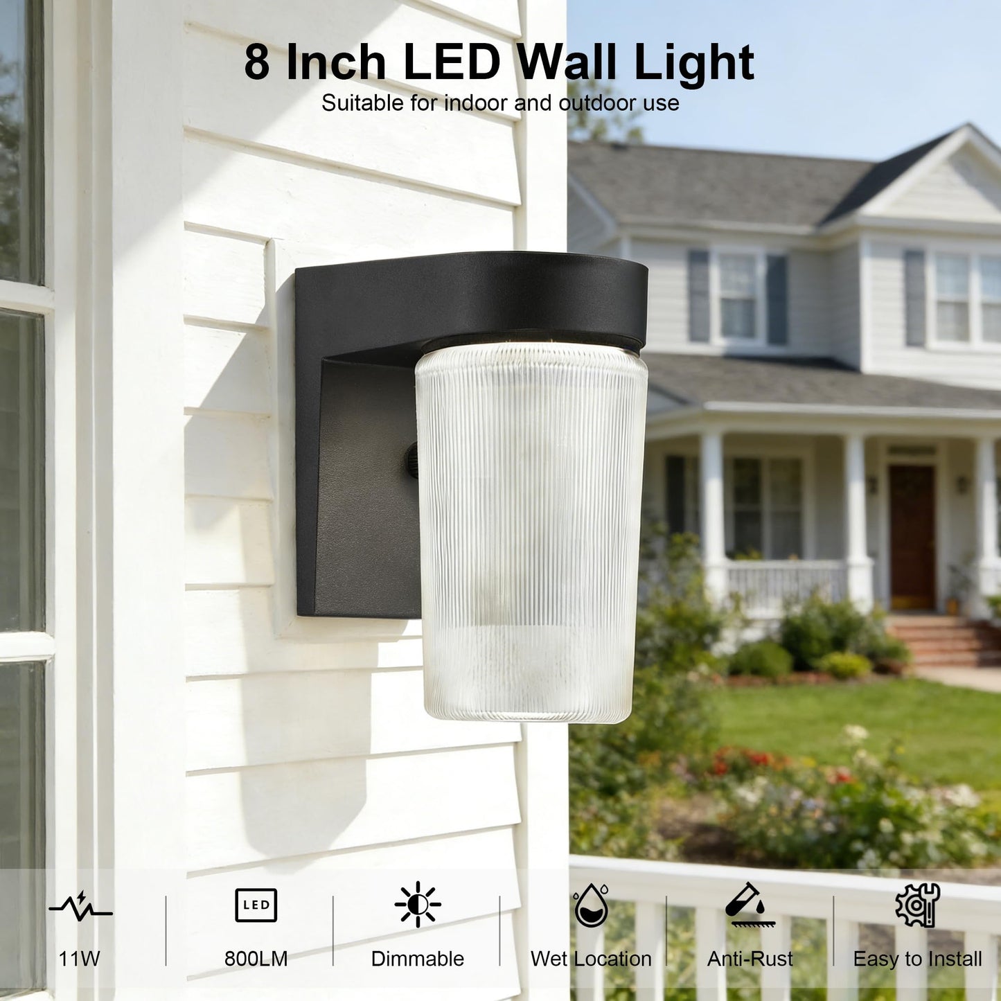LIT-PaTH LED Jelly Jar Outdoor Wall Lantern, Exterior Porch Lighting Fxiture, 3CCT Selectable 3000K/4000K/5000K, Dimmable, 11W 800 Lumens, Black