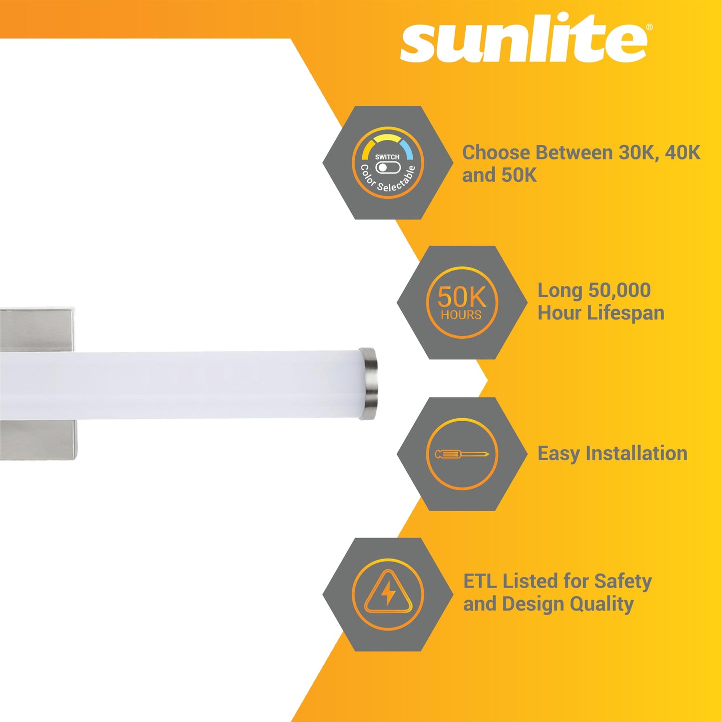Sunlite 24-Inch LED Linear Bar Vanity Light Fixture, 25W (80W Equiv.), 1750 Lumens, Color Selectable 30K/40K/50K, 100-277V, Dimmable, 50,000 Hour