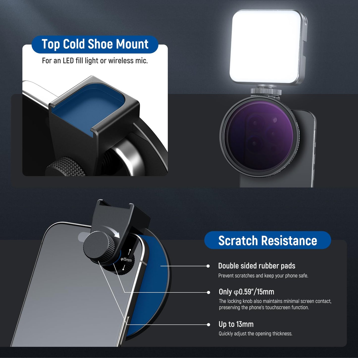 NEEWER 67mm Clip On Variable ND Filter Kit with Cold Shoe Phone Clip, Adjustable ND2-32 Filter Compatible with iPhone 17 16 15 Pro Max Plus Android