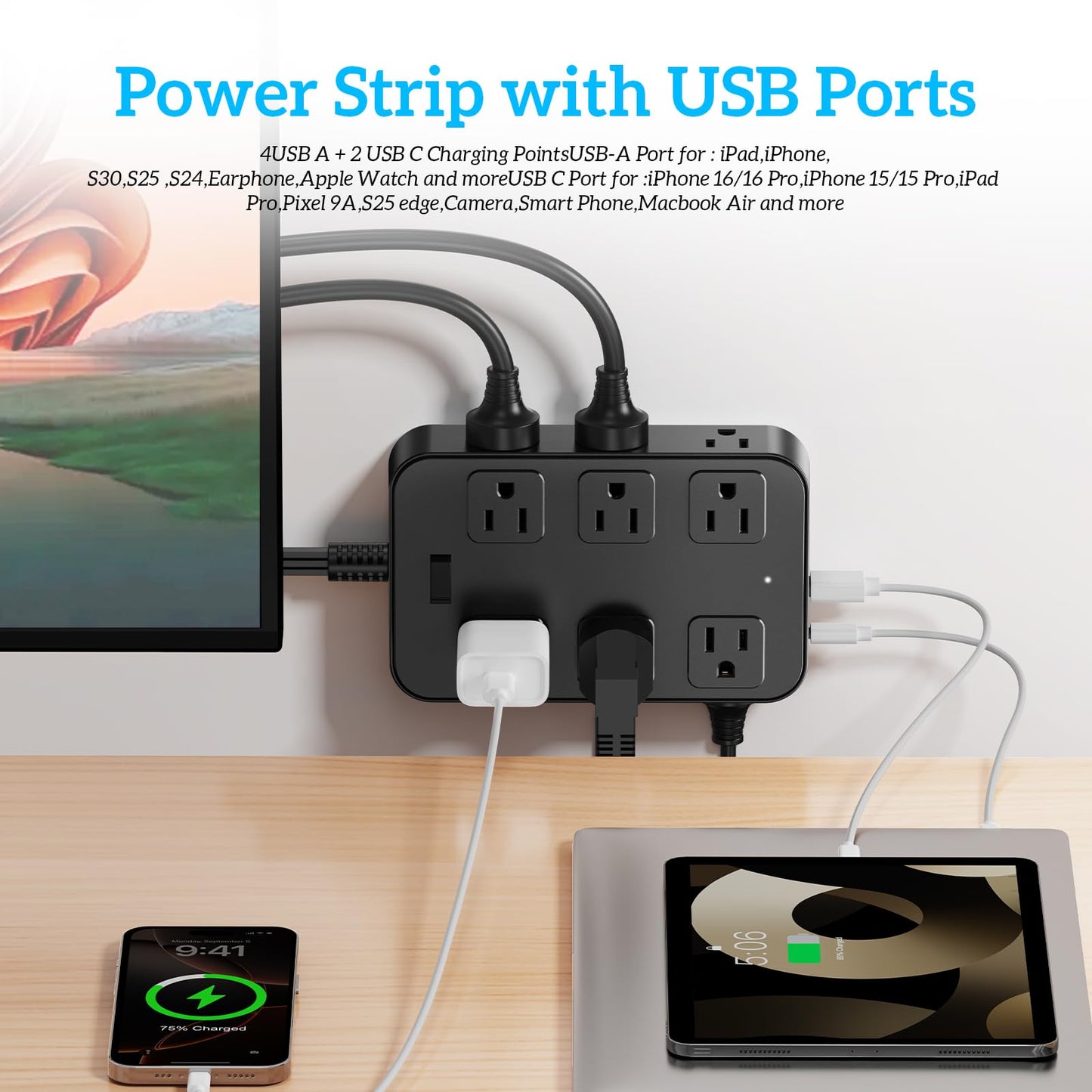 Solidock Flat Plug Power Strip Surge Protector 5 Ft Extension Cord with 12 AC Outlets 6 USB Ports 3 Side Multi Plug Outlet Extender Home Office