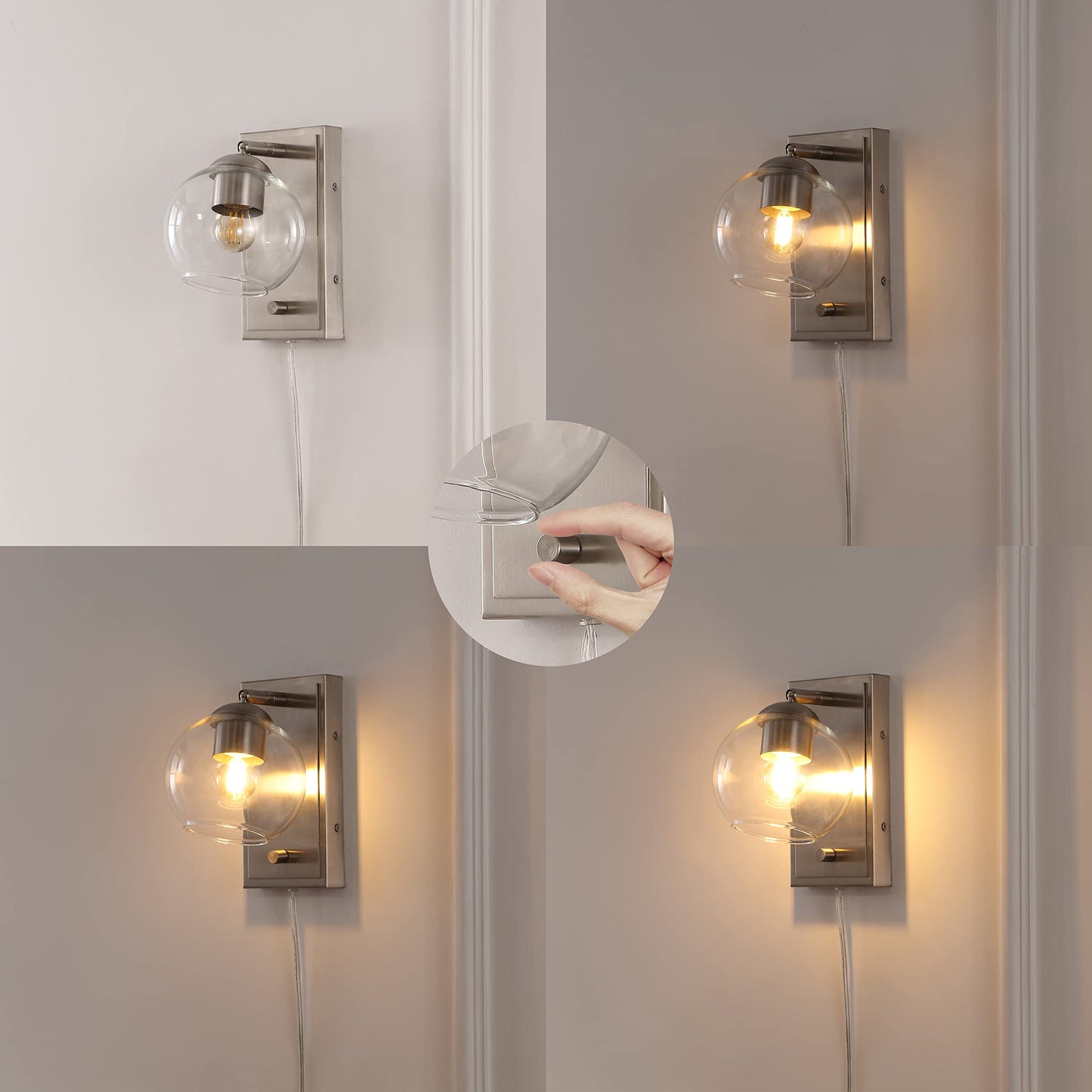JONATHAN Y 6" Nickel 1-Light with Clear Globe Modern Wall Sconce, Plug-in or Hardwired LED Adjustable Wall Light with Dimmer Switch, Clear Glass Globe