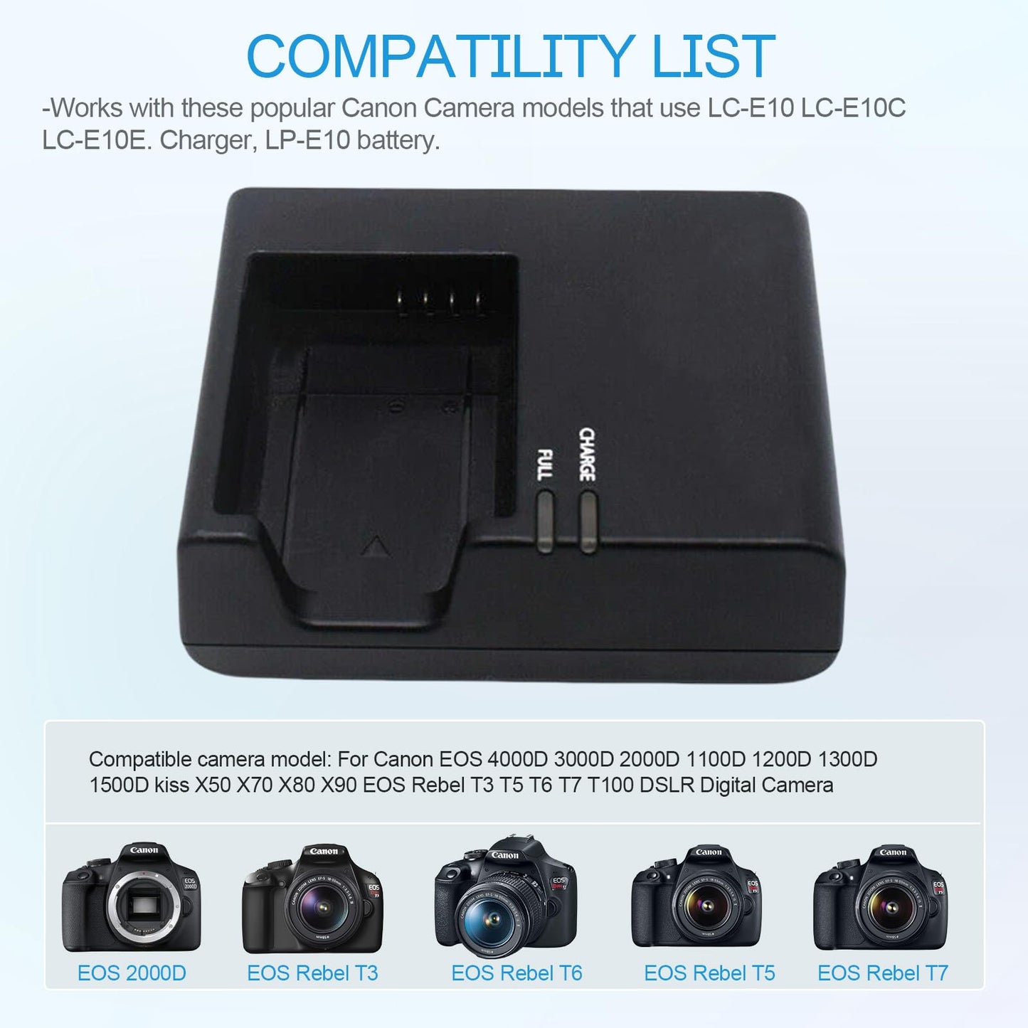 LP-E10 LC-E10 Battery Charger Compatible with Canon EOS Rebel T7, T6, T5, T3, T100,4000D, 1200D, 1100D, 1300D, 1500D, 3000D, kiss X50, X70, X80,X90