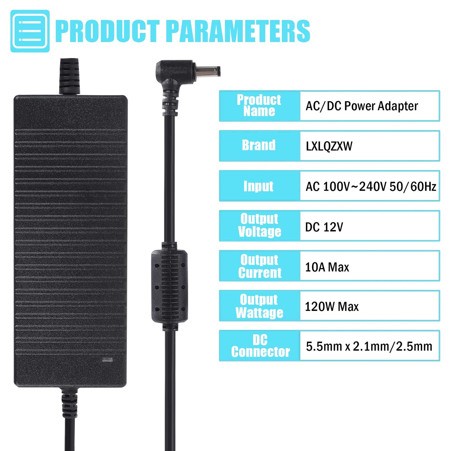 AC 100-240V to DC 12V 10A Power Supply Adapter Converter Transformer 12 Volt 10 Amp 120W with 5.5mm x 2.5mm /2.1mm DC Output Jack for 5050 3528 LED…