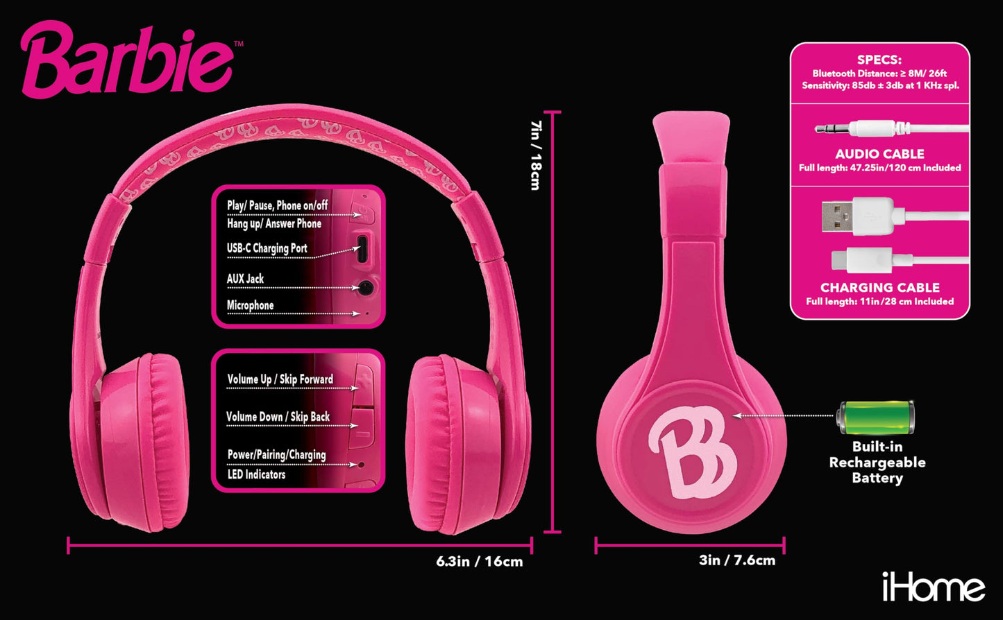 eKids Barbie Bluetooth Headphones, Pink Wireless Headphones with Microphone Includes Aux Cord, Volume Reduced Kids Foldable Earphones