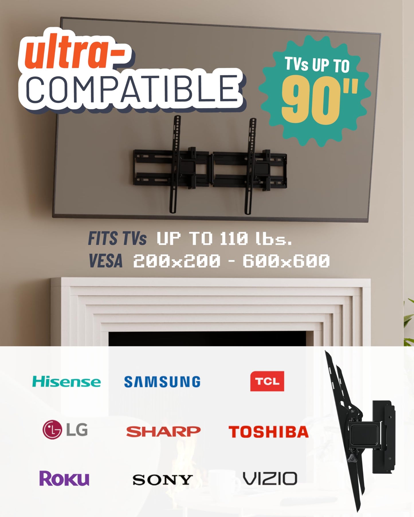 ECHOGEAR Extendable Tilting TV Wall Mount for 32 to 90" Screens up to 110lbs - Reduce Glare w/ 5.2" Extension for 12 deg Tilt - Universal TV Mount w