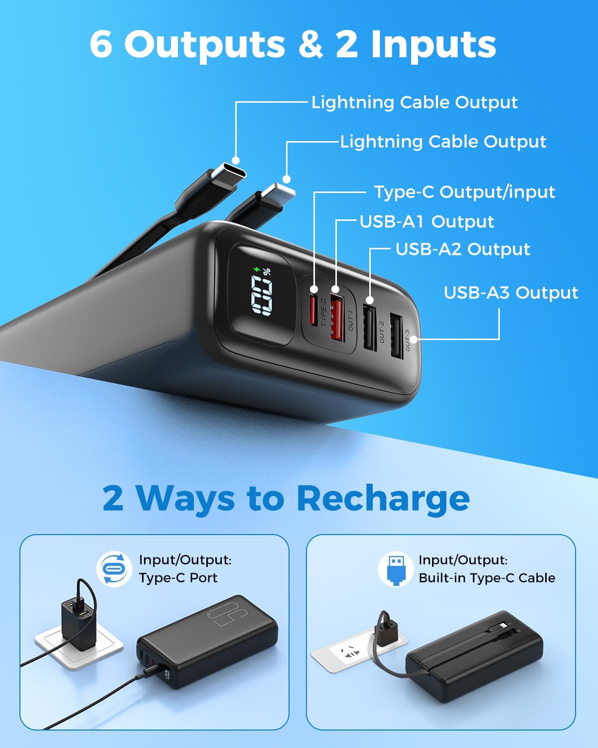 Eliegntist 51000mAh Portable Charger with Built-in USB-C & Lightning Cables, 22.5W Fast Charging Power Bank, High Capacity Battery Pack for iPhone