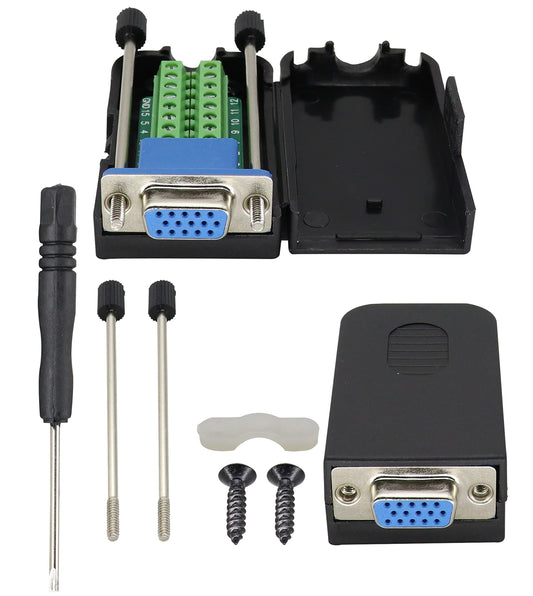 AAOTOKK VGA Bolt Screw Adapte D-SUB DB15 VGA Female Port to 15 Pin/Way Female Terminal Breakout Board Connector DB15 3 Row VGA Terminal Adapter