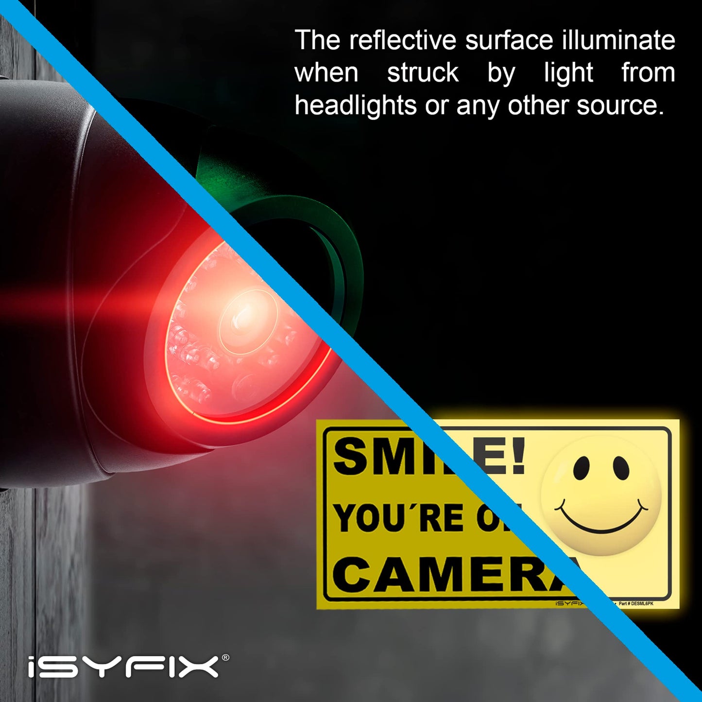 iSYFIX Smile You're On Camera Reflective Stickers for Home - 6 Pack 4x2 Inch - UV, Weather, Scratch, Fade Resistance, Security Camera Sign for Home