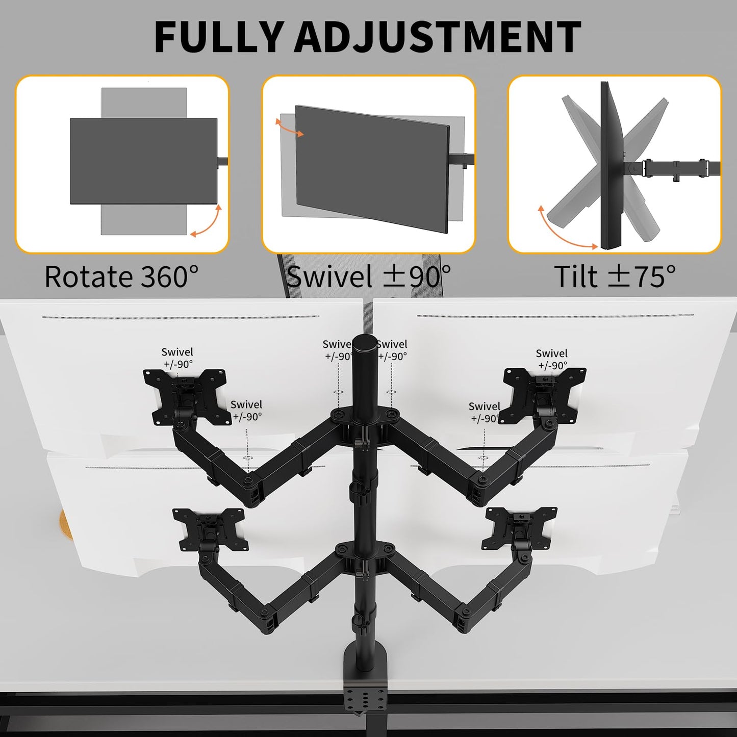 Livotica Quad Monitor Mount, Heavy Duty Adjustable 4 Monitors Desk Stand for 13"-27" Screen, Holds Up to 22lbs per Arm with C Clamp/Grommet Base