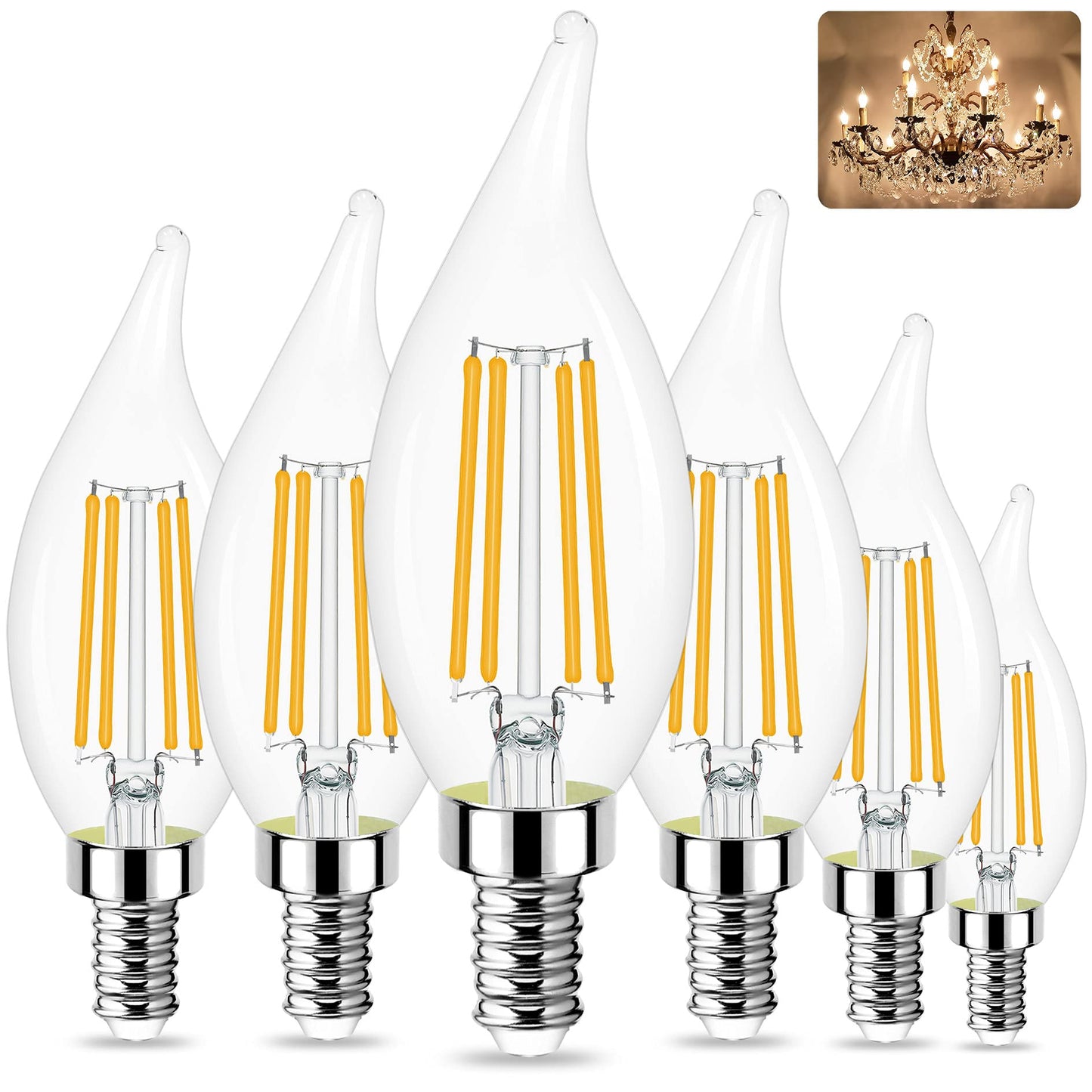 Sailstar E12 LED Candelabra Bulbs Dimmable, 60 Watt Equivalent 3000K Warm White Chandelier Light Bulbs, 4W Filament Candle LED Bulbs, Flame Tip, 500