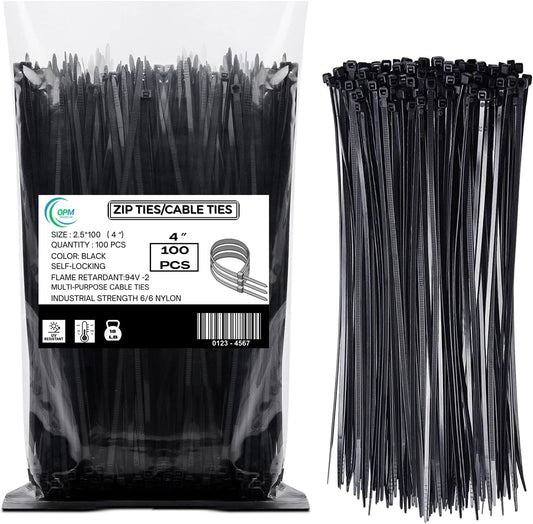 4 Inch Nylon Cable Ties Heavy Duty 18LB | 100 Pack Black Zip Ties UV Resistant | Self-Locking GripLock Wire Ties for Electrical, Automotive, Garden