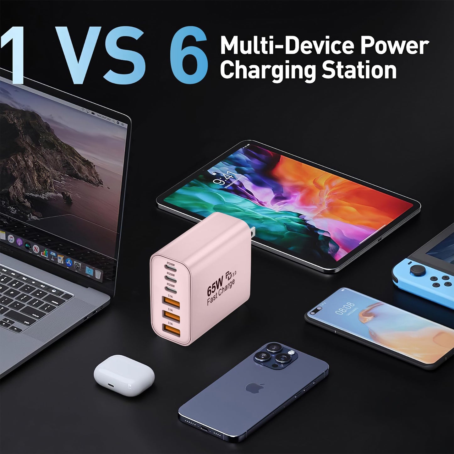 65W USB C Charger Block,6-Port Multi Device Fast Charger PD QC Wall Adapter