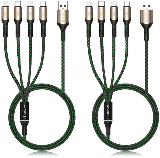 Bismdky 2Pack 4FT Multi Charging Cable 4 in 1 Nylon Universal USB Fast Charge Cord,with 2*iOS/Type-C/Micro Port Adapter, for iPhone 15/14/13 Pro Max