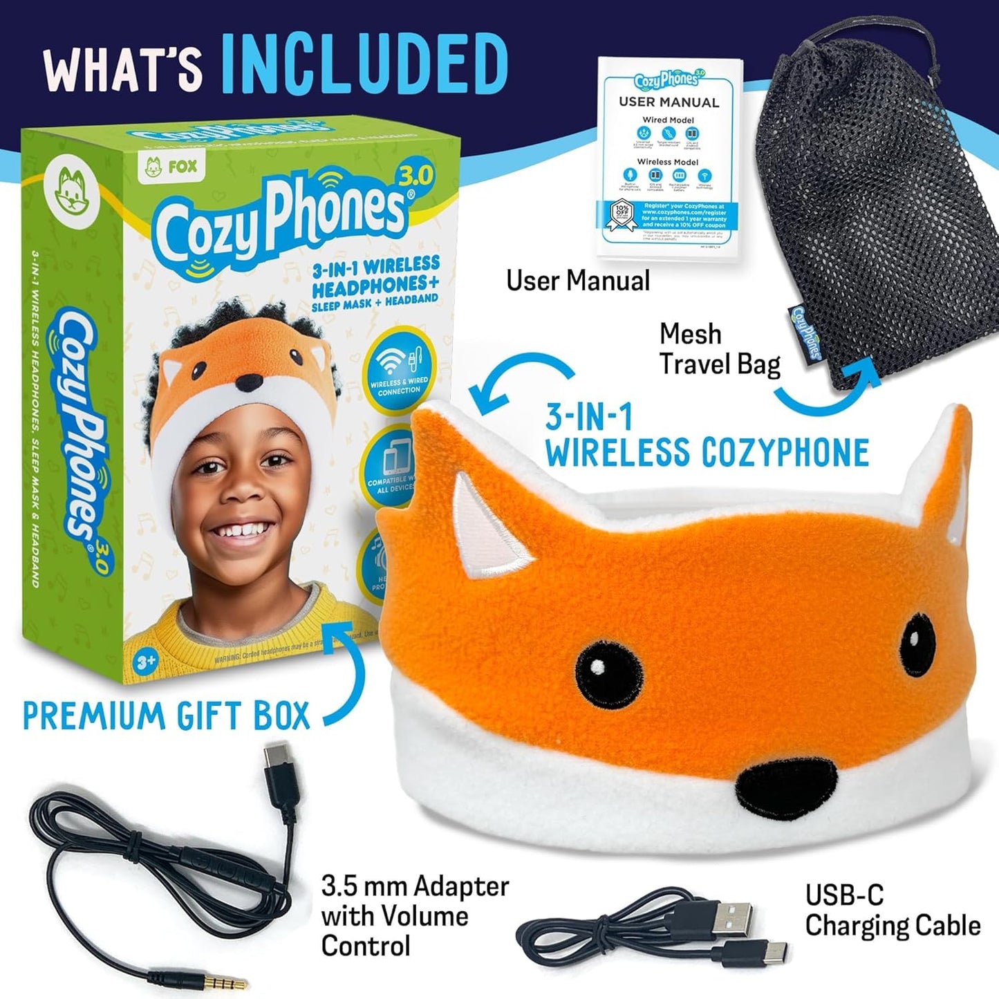 CozyPhones Toddler Headphones Wireless, Kids Bluetooth Earphones, Safe Volume - Wired School Headphones for Kids with 3.5 MM Jack and Travel Bag