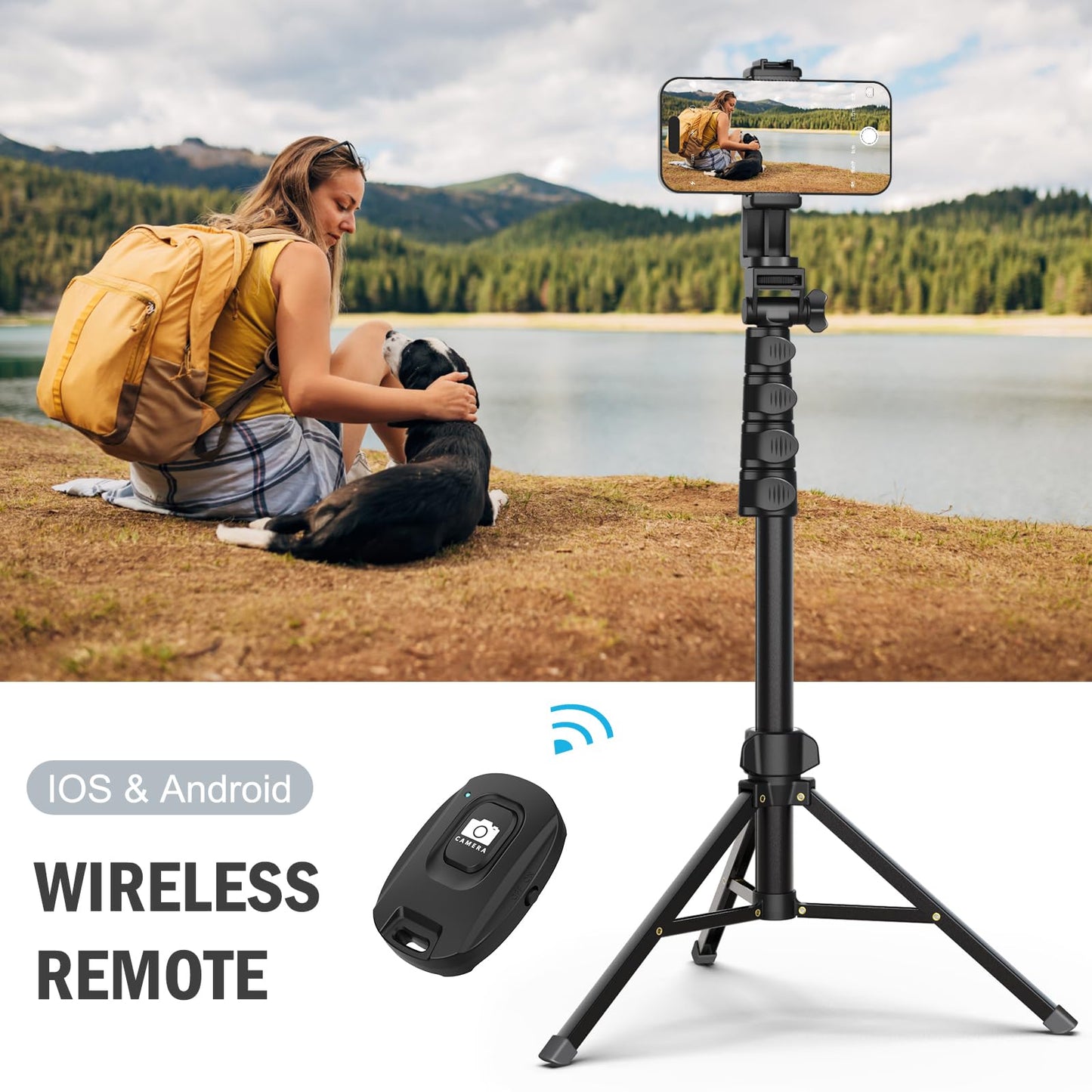 Liphisy 64” Tripod for Cell Phone & Camera, Phone Tripod with Remote and Phone Holder, Sturdy & Stable Height Adjustable Multi-Angle Shot Selfie Stick
