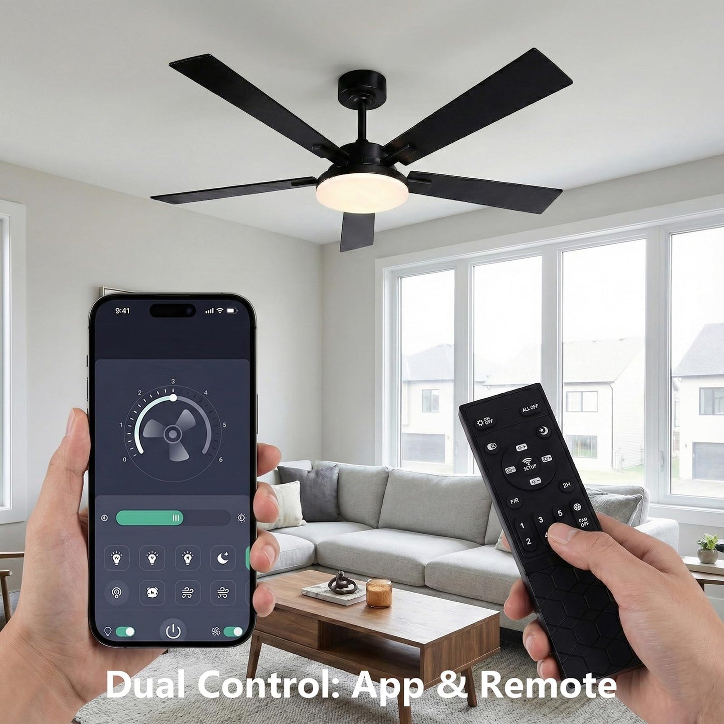 GLOVAO 52" Wood Ceiling Fan with Light, Black/Walnut