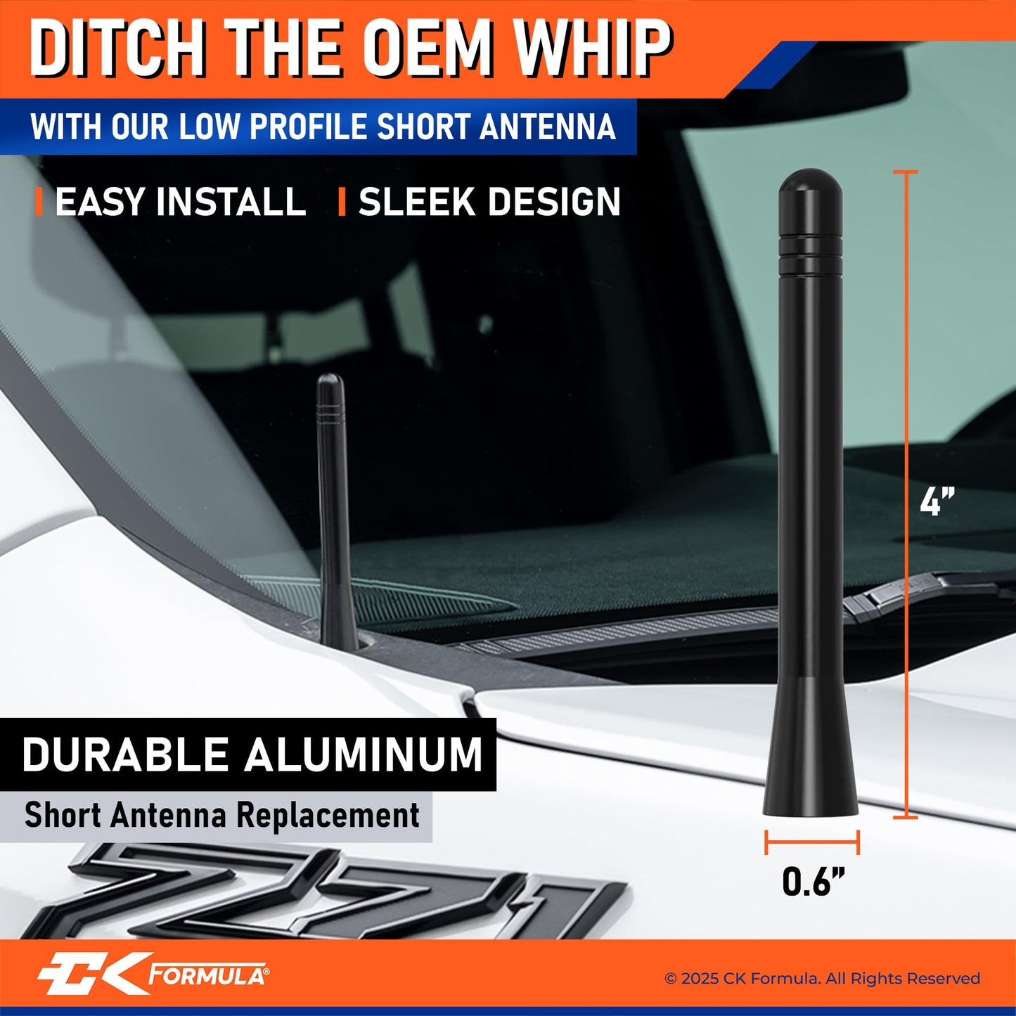 4” Billet Aluminum Short Antenna for Chevy Silverado & GMC Sierra 1500, 2500, 3500 (1999-2026), Car Wash Safe, Low-Profile Stubby Replacement