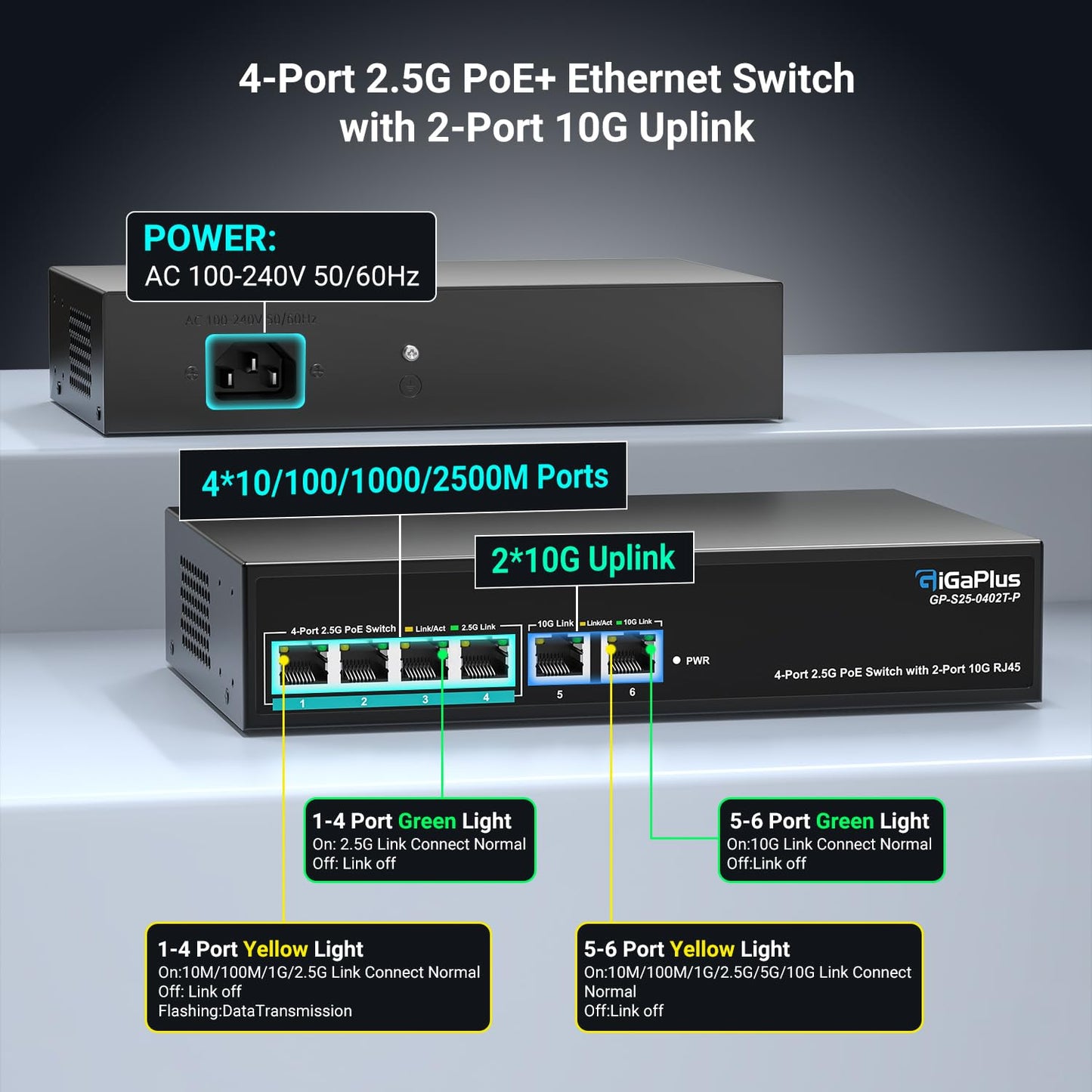 6 Ports 10Gb Unmanaged PoE Ethernet Switch with 4*2.5G Base-T PoE Ports, 2*10G RJ45 Ports. 60Gbps Switching Capacity, GiGaPlus 10Gbps Network Switch