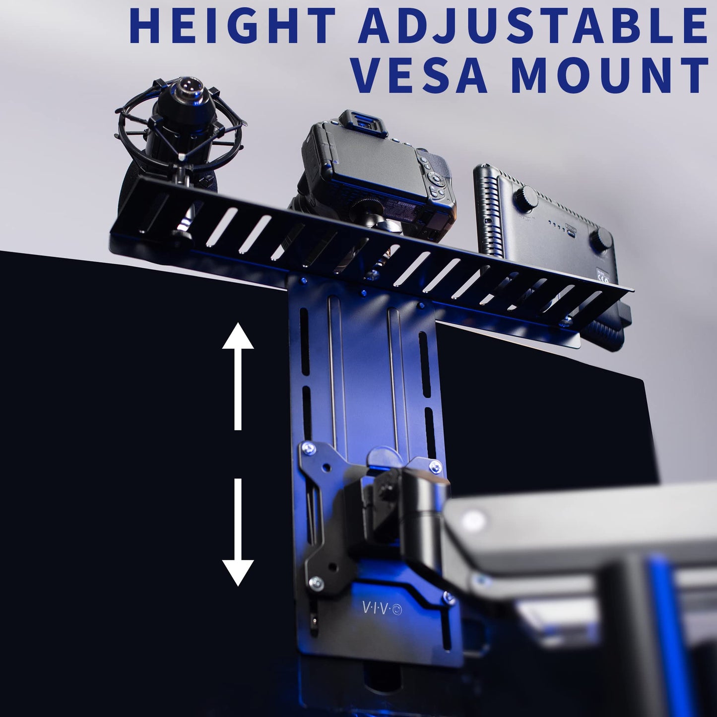 VIVO 16 inch Above/Behind VESA Monitor Livestream Device Shelf Mount, Holds Cameras, Webcams, Microphones, Lighting, and More, Fits VESA 100mm, Black