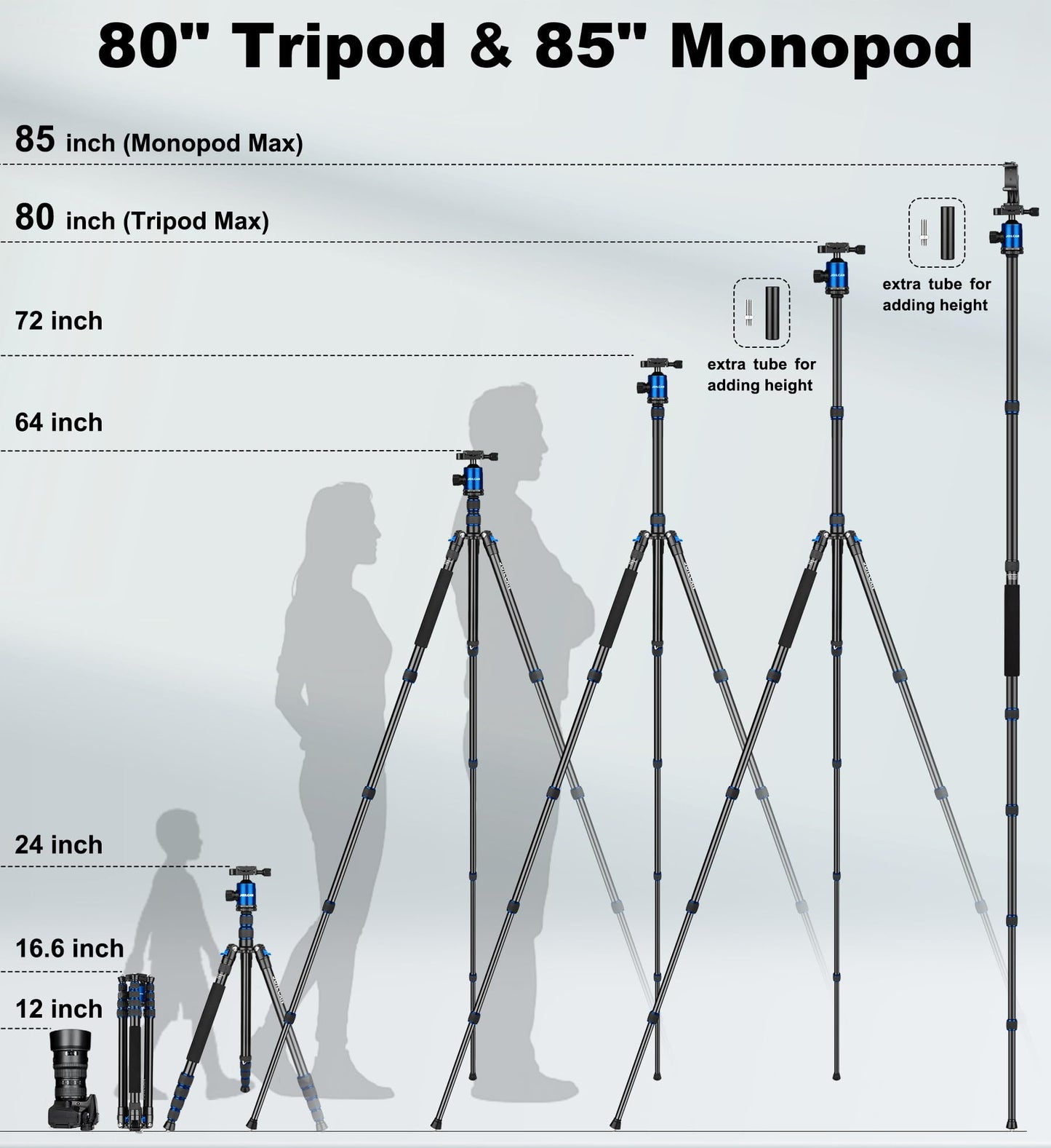 80/85 inches Heavy Duty Tripod for Camera and Phone, 85" Camera Monopod Tripods, DSLR Binoculars Spotting Scope Camcorders Video Tripod Stand, 360