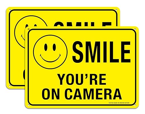 (2 Pack) Faittoo Smile You're On Camera Sign, Reflective 10x7 Rust Free .40 Aluminum, UV Protected, Weather Resistant, Durable Ink, Indoor & Outdoor