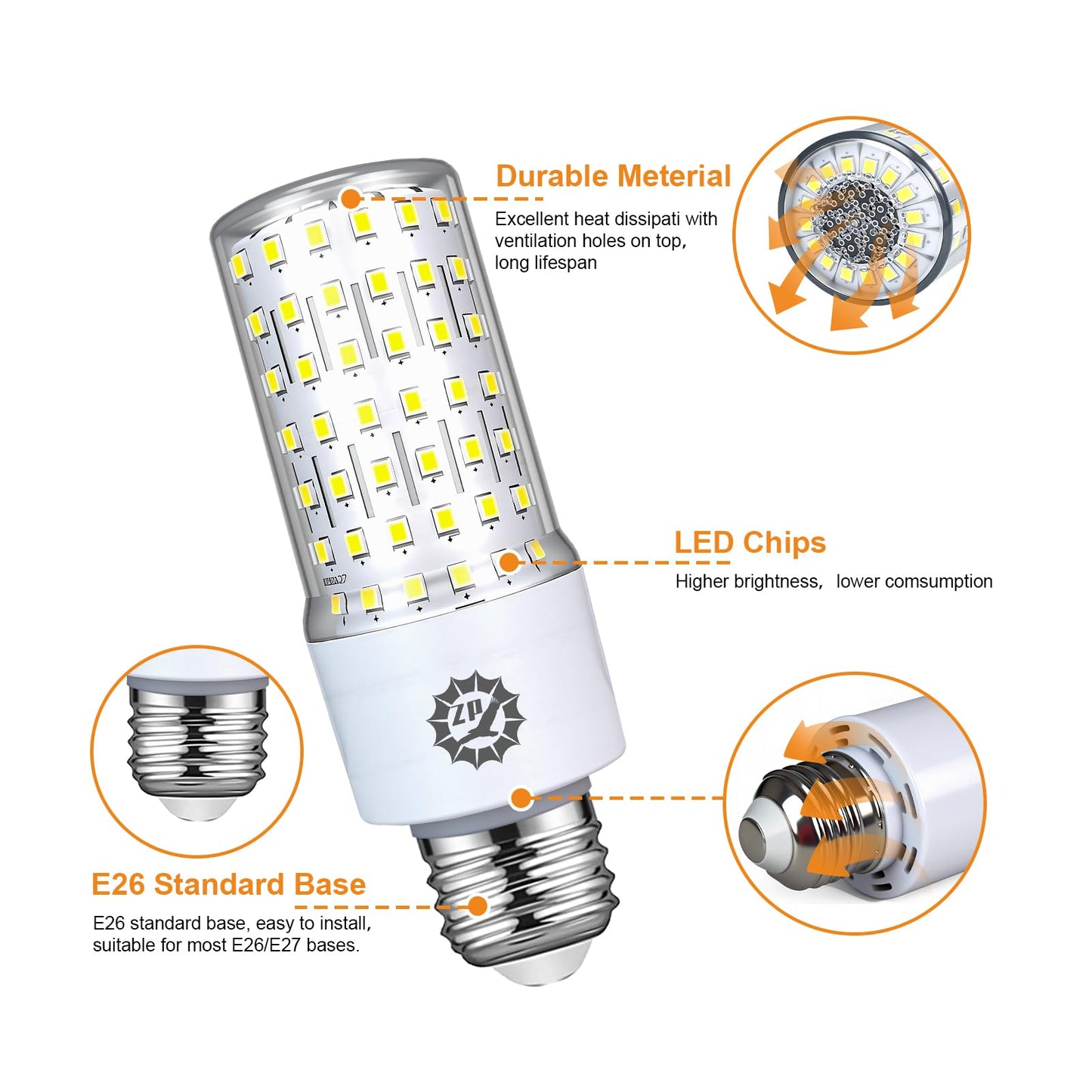 ZP 20W LED Light Bulb 4 Pack 4000Lumens 5000K E26/E27 Base