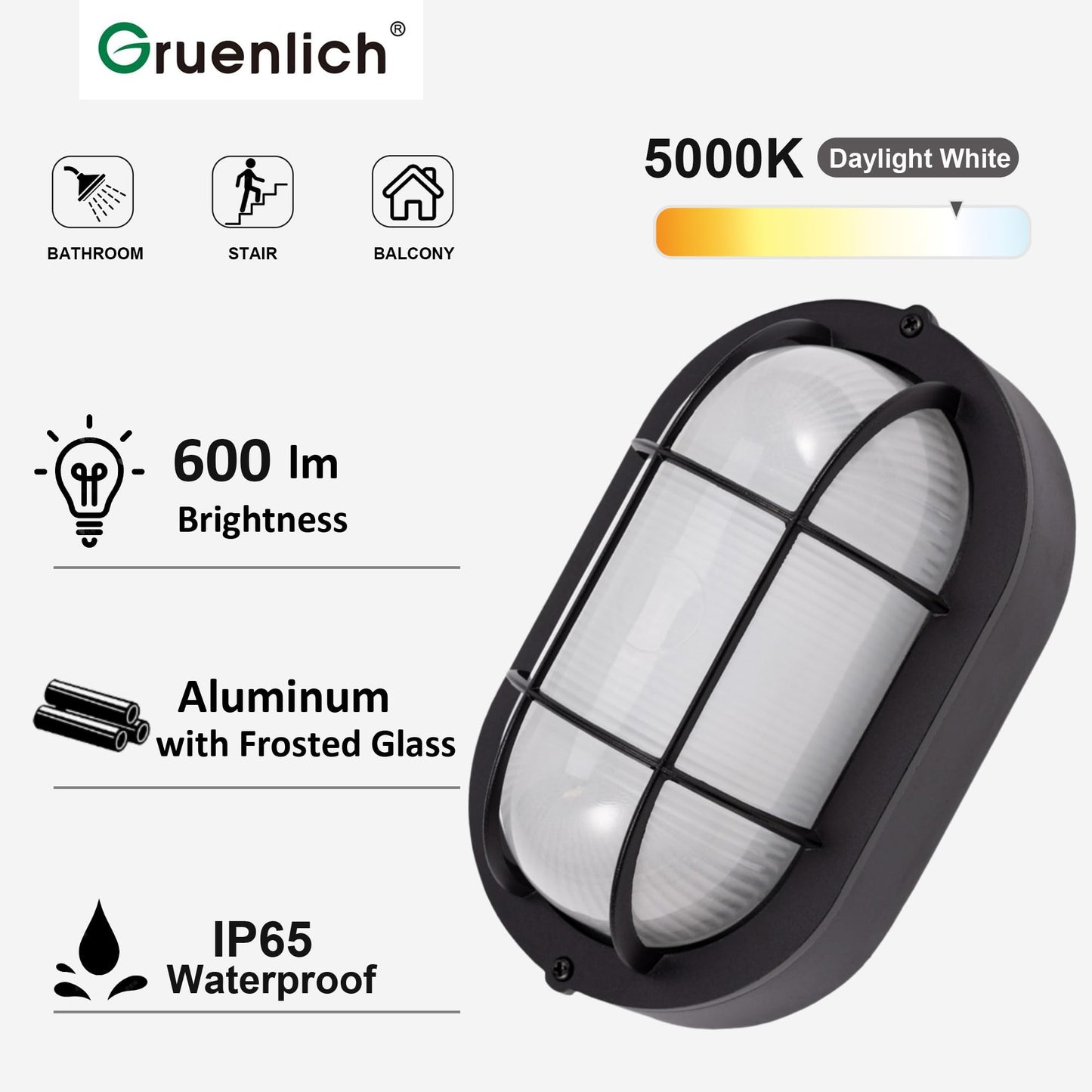 GRUENLICH LED Bulkhead Light, Flush Mount for Wall or Ceiling, 6W, 600 Lumen, Dimmable 5000K Daylight White, Aluminum Housing, Outdoor Rated, Black