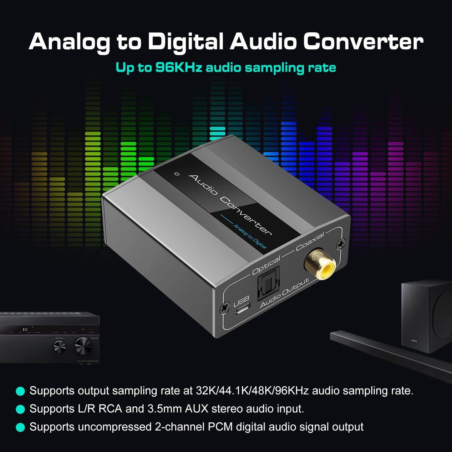 VPFET Analog to Digital Audio Converter RCA to Optical with Cable 3.5mm AUX Jack Toslink and Coaxial Adapter for Soundbar