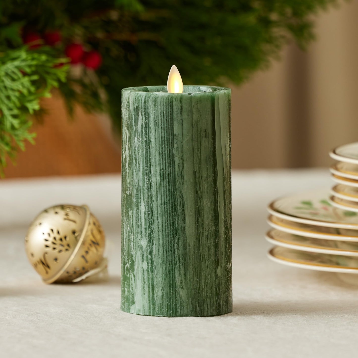 Luminara Selenite Looking Flameless Candle, Holiday Green 3" x 6.5", Battery Operated Real Wax Moving Flame LED Pillar w/Timer, Home Decor Unscented