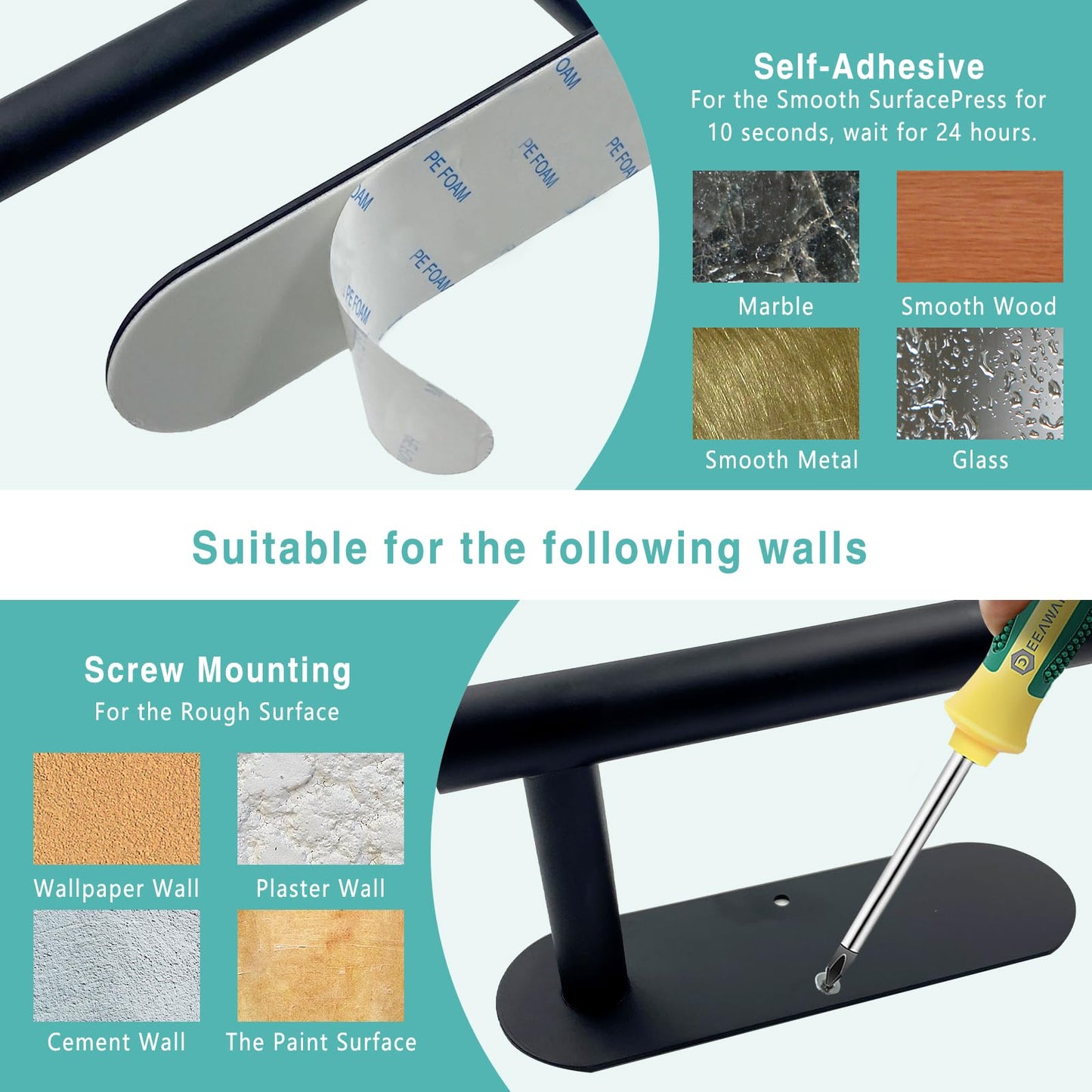 Paper Towel Holder – Self-Adhesive or Drill Mount, Under-Cabinet Stainless Steel in Black for Kitchen, Bathroom, Sink, Pantry & Fridge