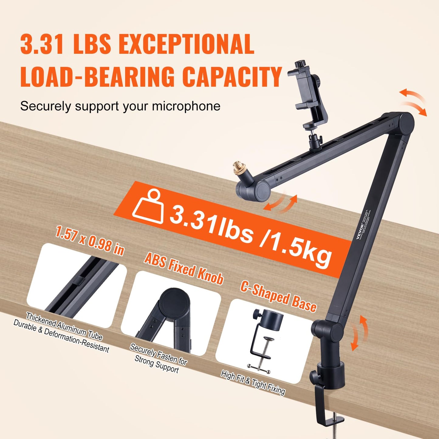 VEVOR Microphone Boom Arm, with Desk Mount Clamp, Adjustable Mic Stand with Cable Management,360° Rotatable,3/8" to 5/8" Adapter, for Recording Studio