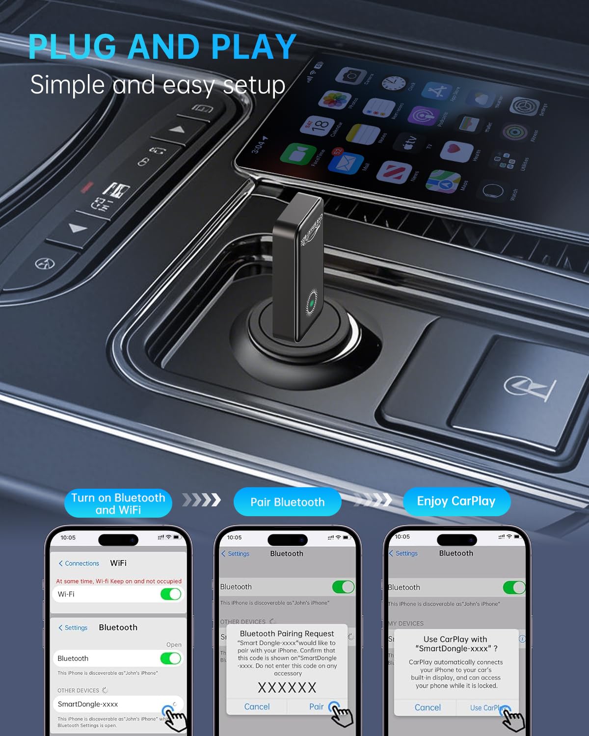 TiMOVO Wireless CarPlay Adapter, Convert Wired to Bluetooth Wireless Carplay, Plug & Play, Mini Size for iPhone iOS 10 Later & Cars from 2016 Later