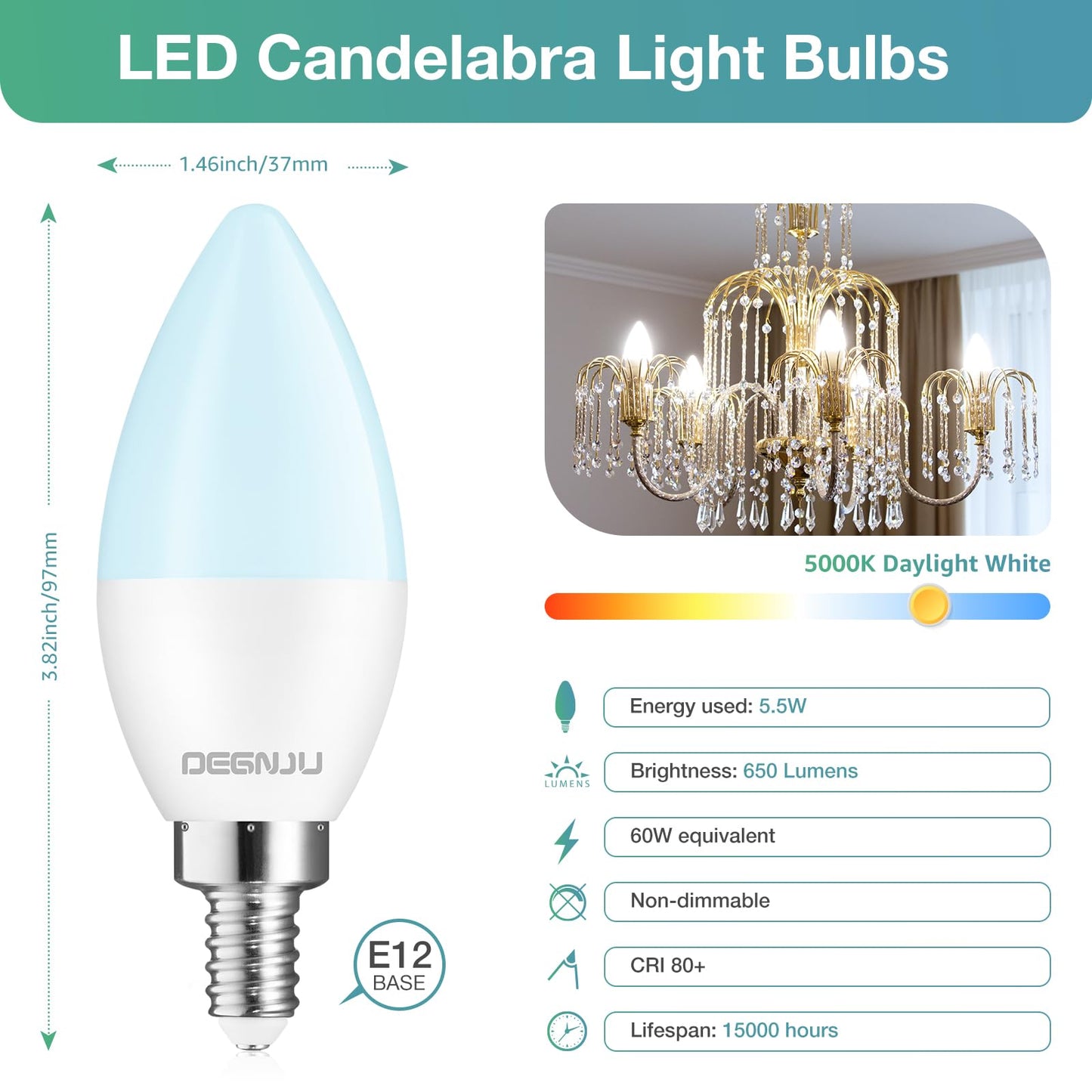 DEGNJU 20 Pack Chandelier Light Bulbs 60 Watt Equivalent, Candelabra LED Light Bulbs, E12 LED Bulb Daylight 5000K, Type b Light Bulb 5.5W, Candelabra