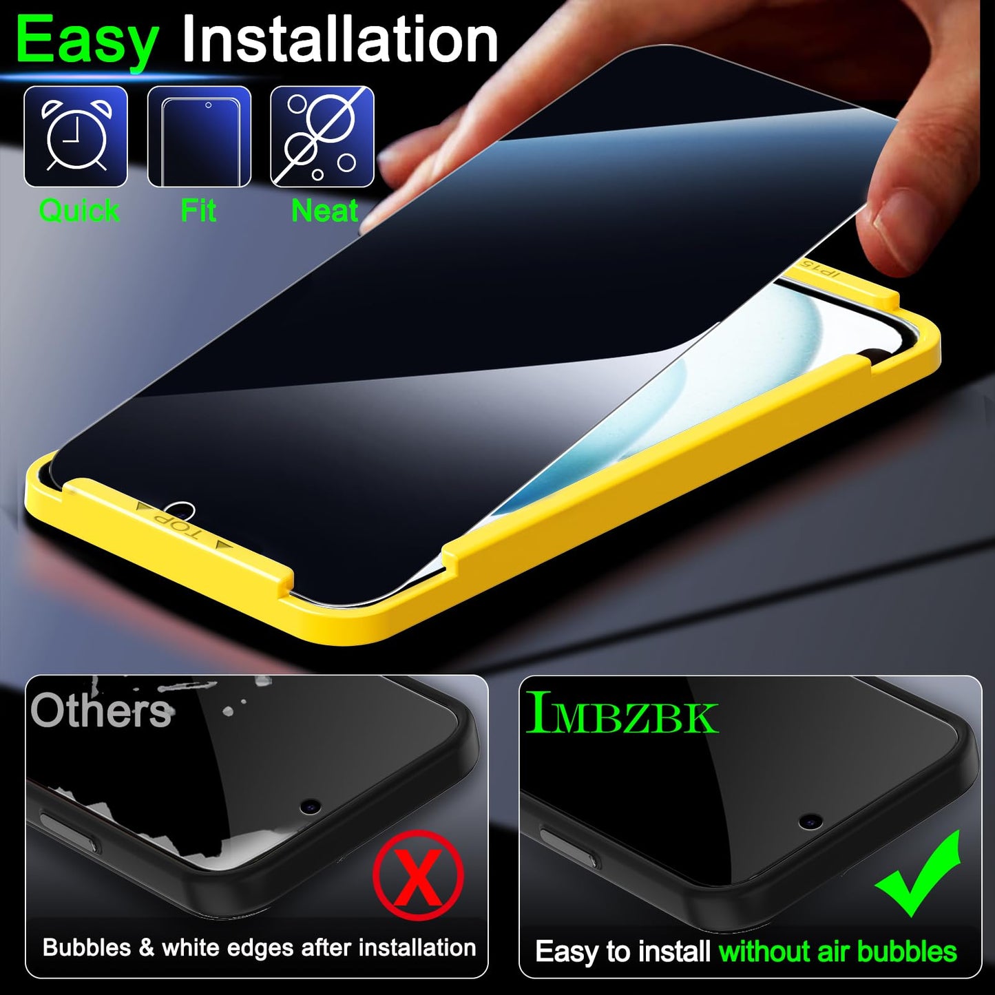 IMBZBK 3 Pack Privacy Screen Protector for iPhone 15,Tempered Glass
