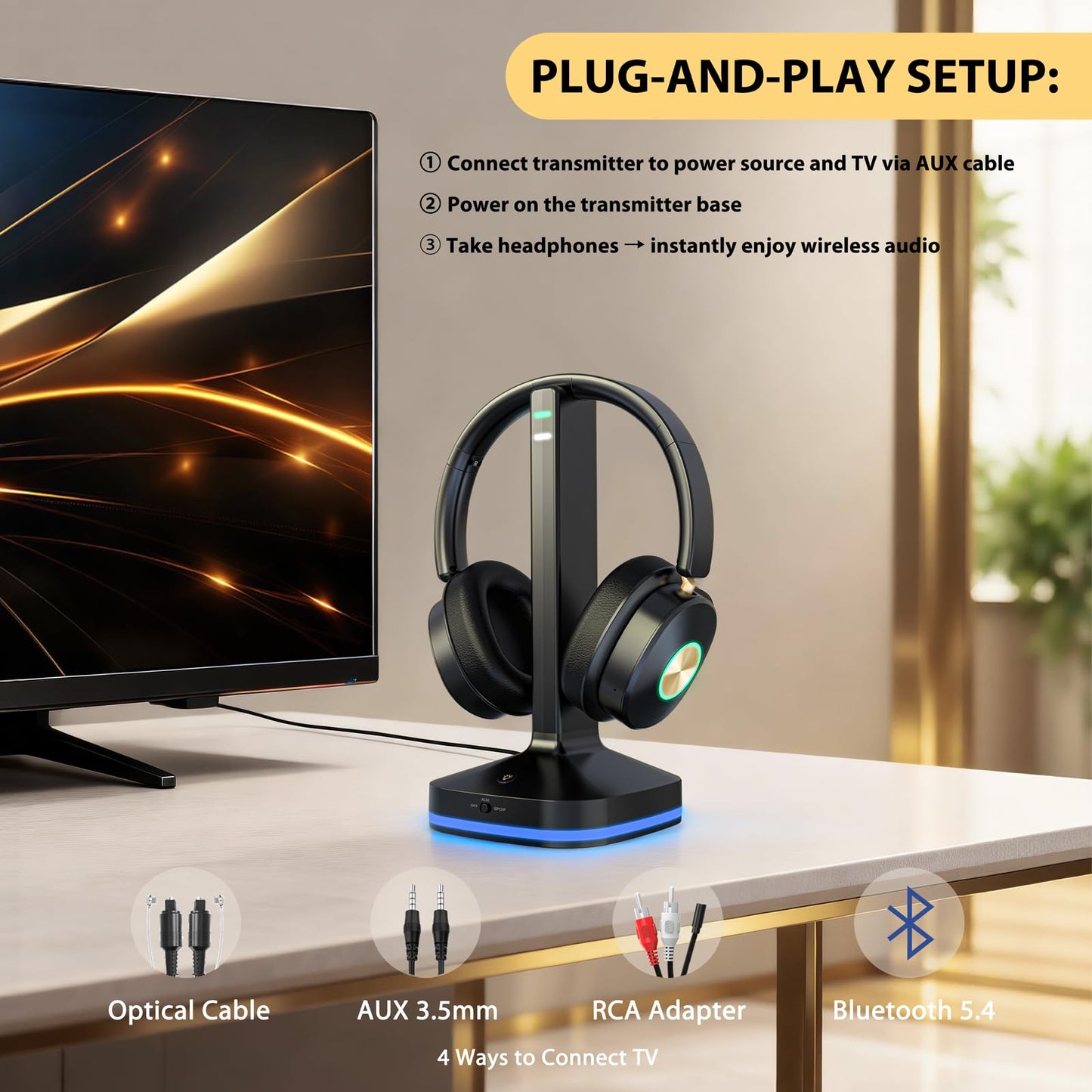 Wireless Headphones for TV, TV Headphones Wireless for Senior with Digital Optical RCA AUX 3.5 MM Transmitter Charging Dock, Over Ear Headphones