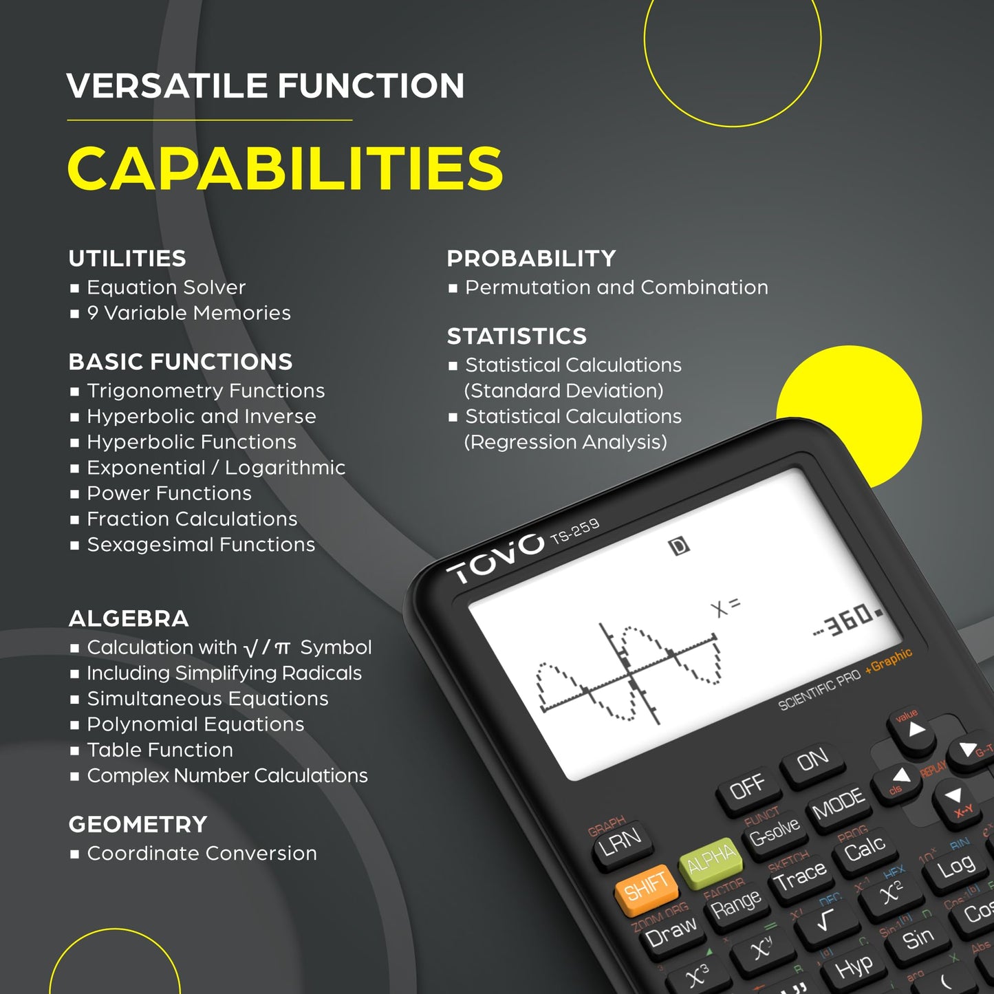 TOVO 2026 Upgraded Scientific Calculator with Graphic Functions, Massive 3" Screen, 360+ Functions Multi-Mode Graphing Calculators for Students, High