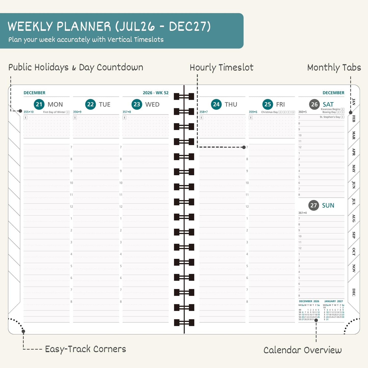 BEZEND Weekly Planner 2026-2027 (6" x 8.5") with Hourly Timeslots (Jul 26-Dec 27) 18 Months Academic Calendar & Monthly Tabs, for Students, Work