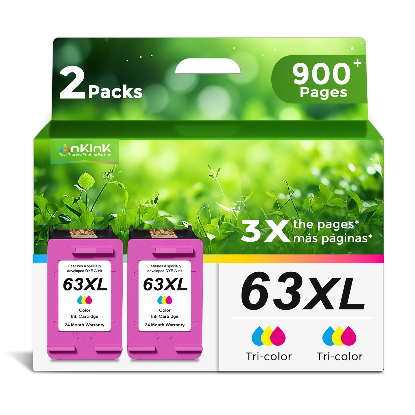 Ankink 63XL Ink Cartridges Replacement for HP 63 XL (Color 2-Pack) Work with HP63 3830 4650 4652 4655 5200 5252 5255 5258 4520 4512 1112 2132 3630