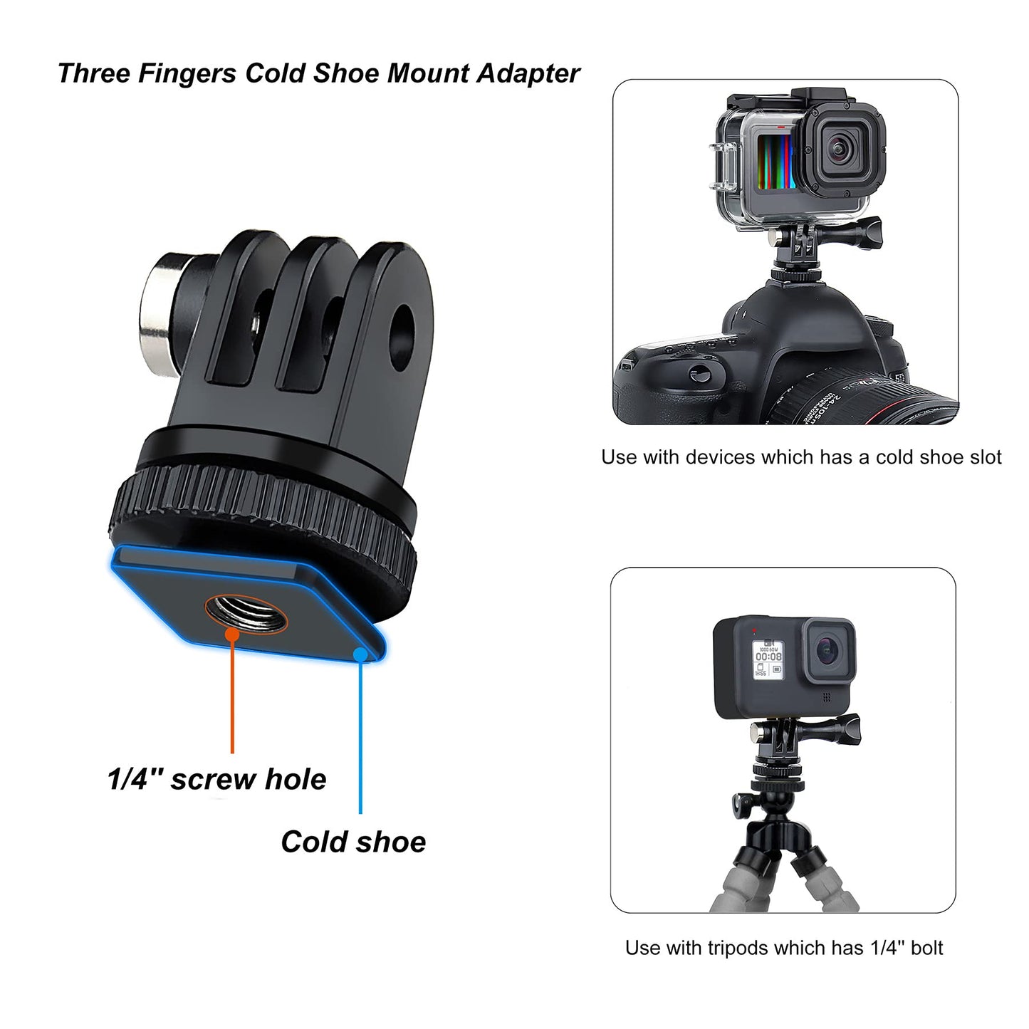 SOONSUN Tripod Mount Kit with 1/4"-20 Conversion Adapter and Cold Shoe Mount with 1/4" Thread, Compatible with GoPro Hero 13 12 11 10 9 8 7 6 5, DJI
