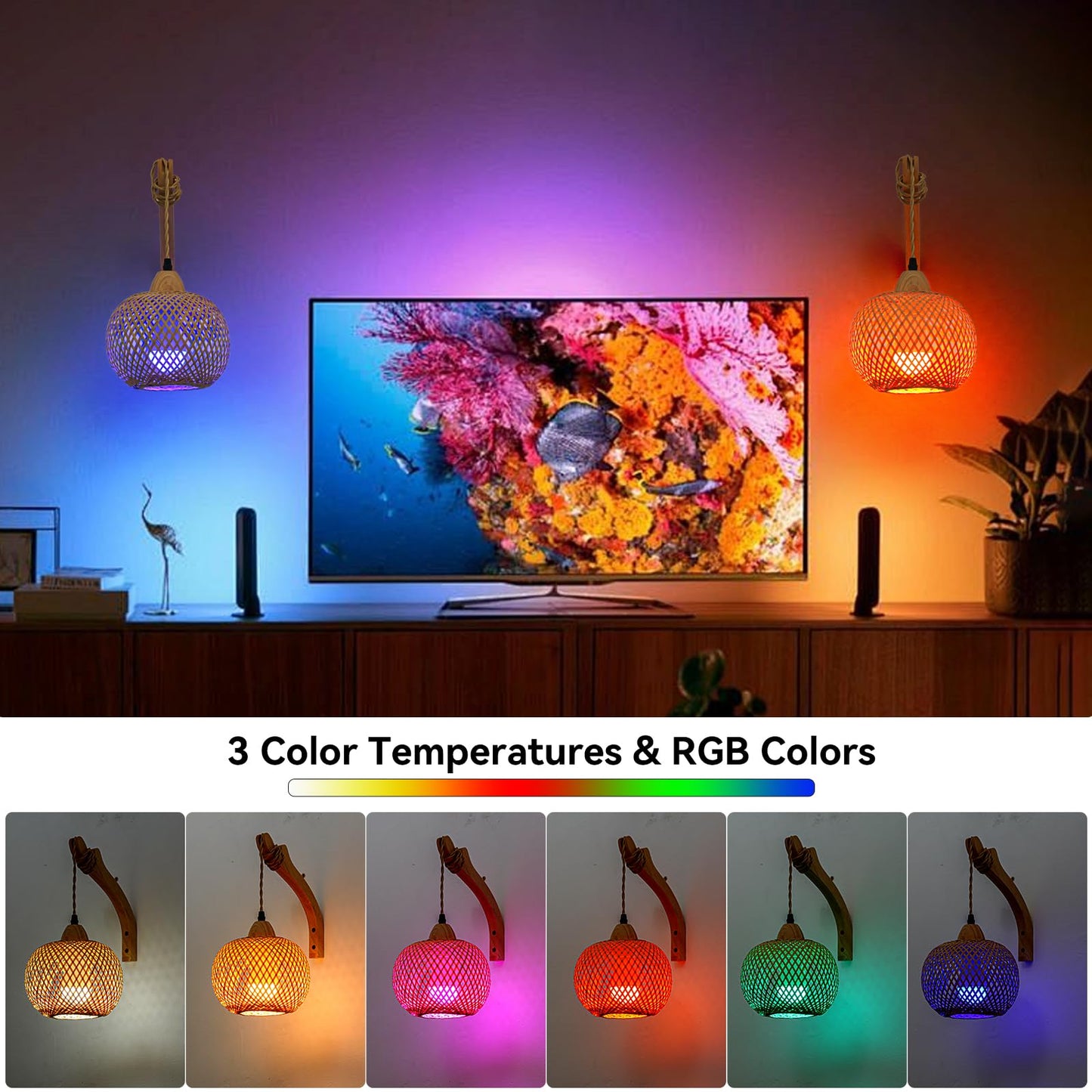 Rizzyluz Battery Operated Wall Sconces Set of 2 with Remote, Boho Bamboo Rechargeable Rattan Wall Lights, Wireless Wall Lighting Fixtures for Bedroom