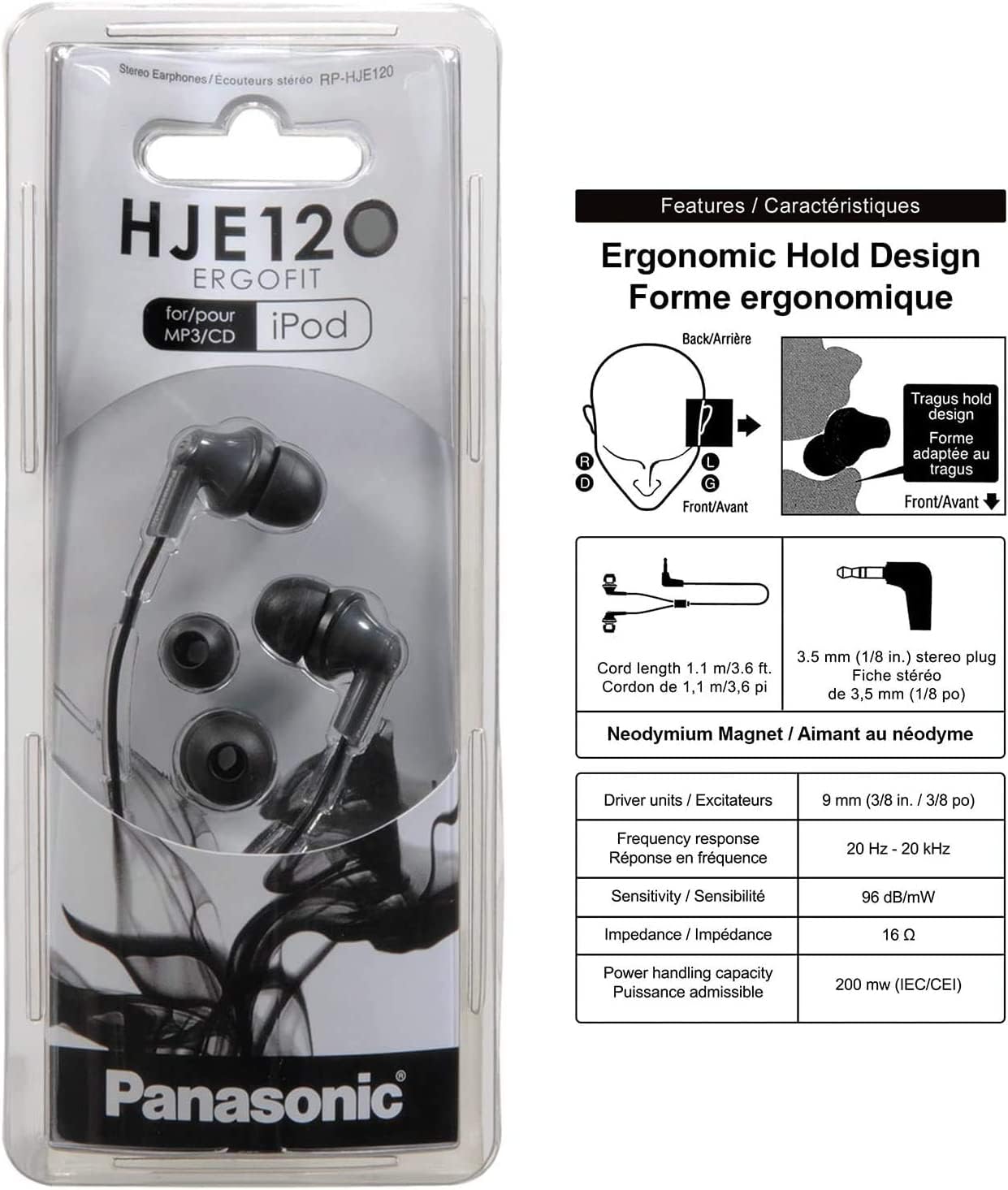 Panasonic ErgoFit Wired Earbuds, In-Ear Headphones with Dynamic Crystal-Clear Sound and Ergonomic Custom-Fit Earpieces (S/M/L), 3.5mm Jack for Phones