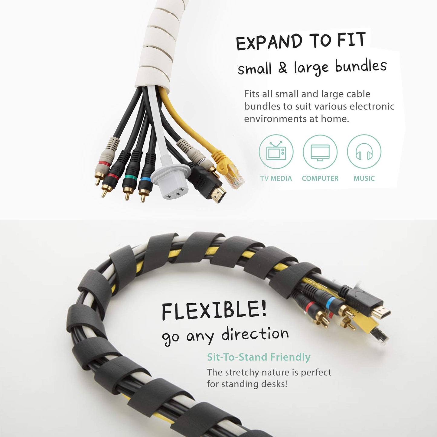 10-ft Cable Slinky - Super Soft and Flexible Rubber Spiral Cord Wrap (2-ft X 5 pcs) White