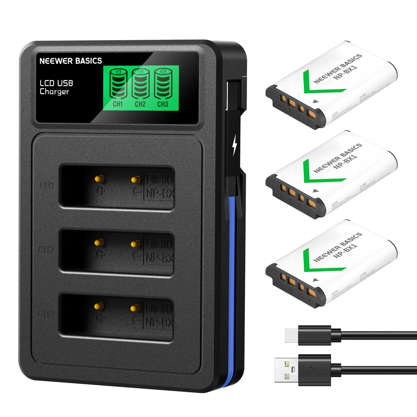 NEEWER Basics 3Pcs NP-BX1 Replacement Batteries with USB Triple Charger, 1090mAh Camera Backup Power Supply Compatible with Sony ZV1 ZV-1 II Cybershot