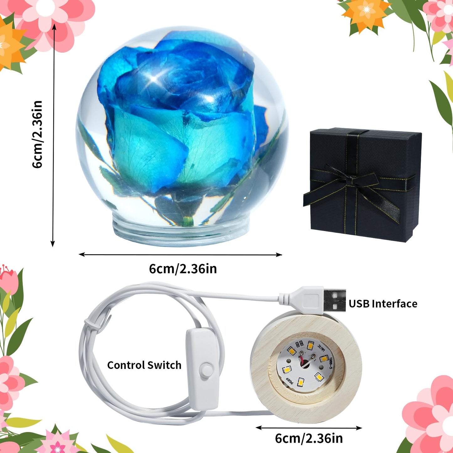 QNCMBUG Blue Rose Crystal Ball Night Light - Real Rose Encased in Glowing Resin Ball, USB-Powered Desk Lamp with Wood Base, Unique Gift