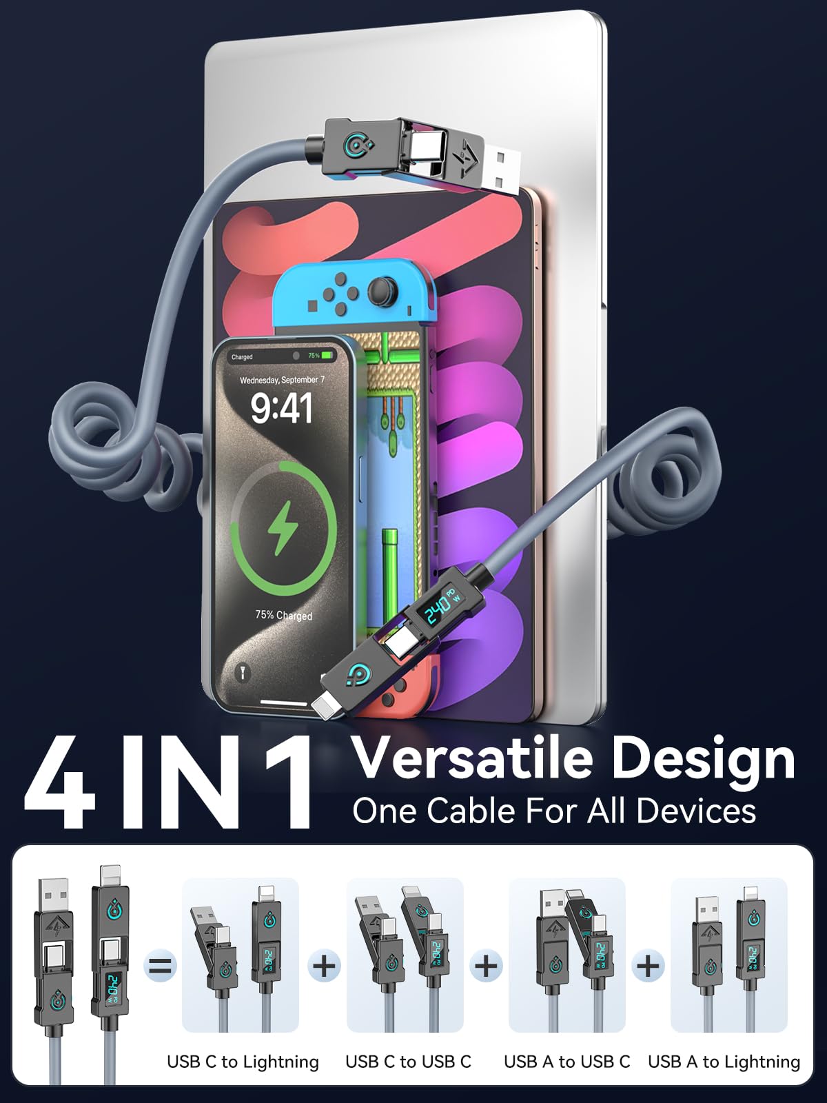 Haiteron 240W Coiled USB C Cable for Car,4 in 1 Charging Cable Fast Charging USB C to USB C Cable with LED Display Combo USB A/C to C/L for iPhone