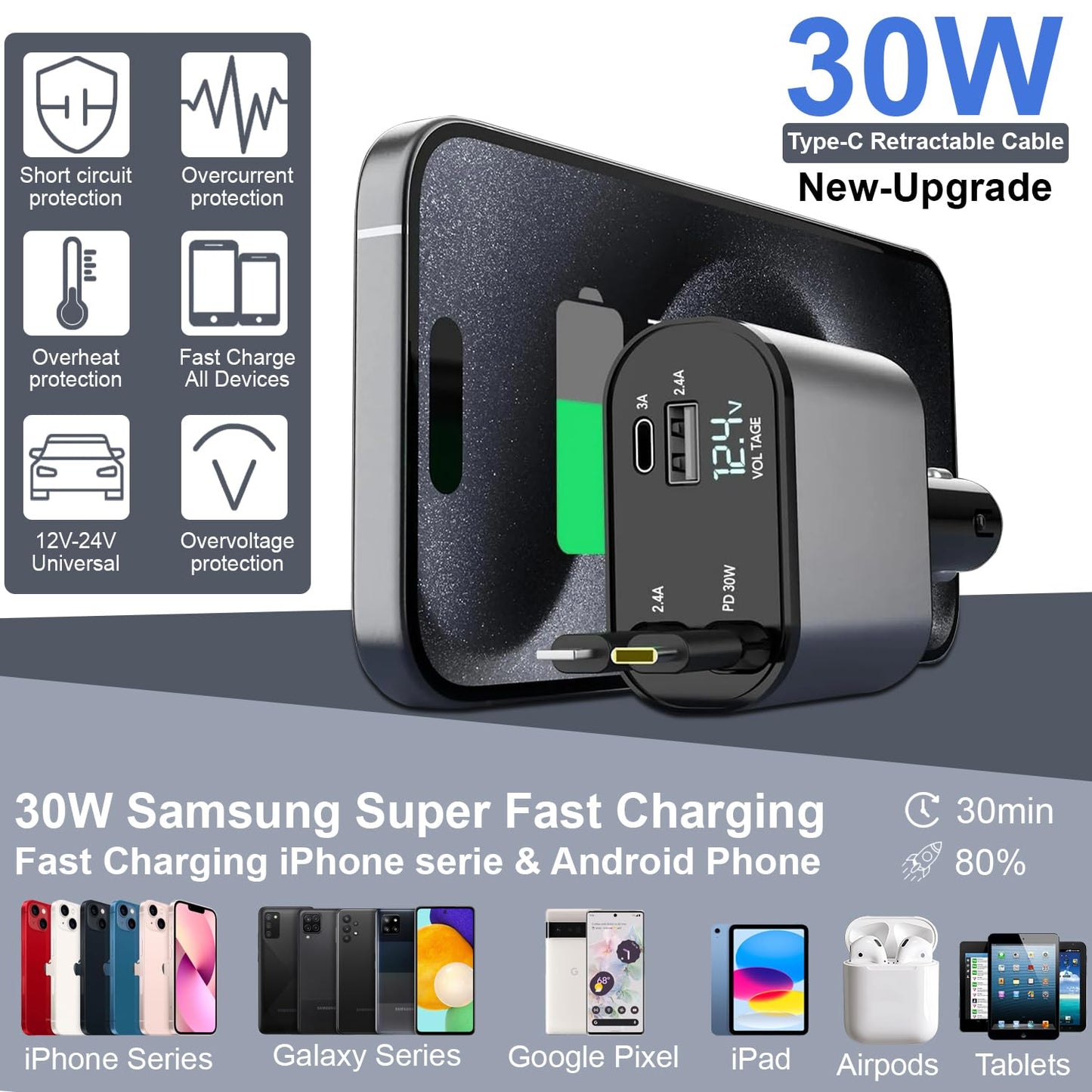 Retractable car Charger USB C, 4 in 1 Fast Car Phone Charger 120W, USBC and Lightening Car Adapter, iPhone 16 pro car Charger, Compatible with iPhone