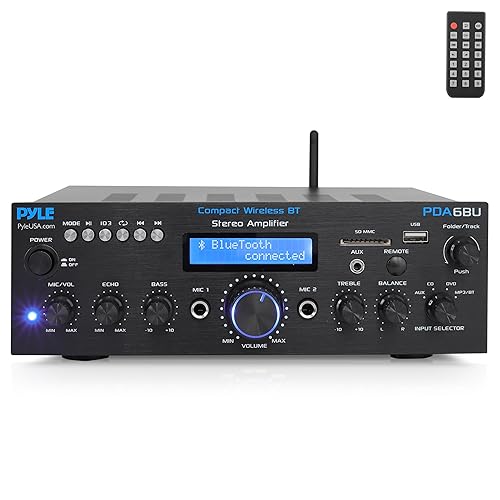 Pyle Wireless Bluetooth Power Amplifier System- 200W Dual Channel Sound Audio Stereo Receiver w/ USB, SD, AUX, MIC in w/ Echo, Radio, LCD, for Home